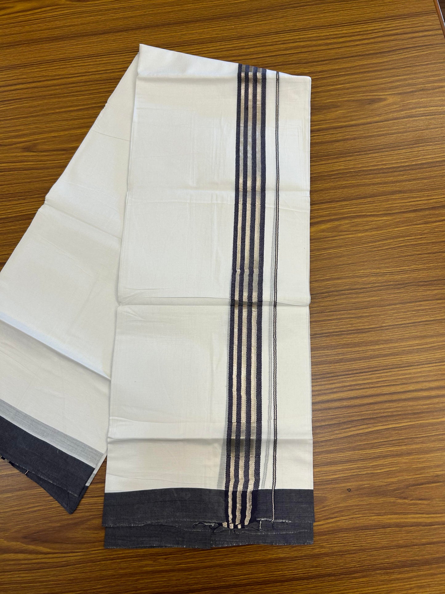 20% Discount ! KaithariKada Balaramapuram 100% Cotton Double Pure White Mundu/Dhoti - 100X80 - 1.5 inch Silver Kasav & Navy Blue Stripes kara 3.90 mtr (8 muzham) - 13 KK5361 PMC
