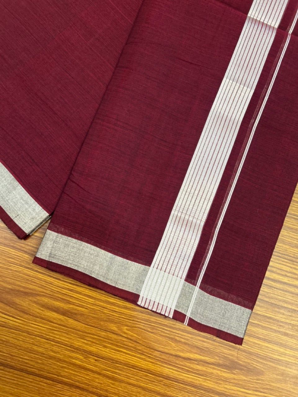 25% Discount! KaithariKada Handloom Unakkupaav Balaramapuram - 100% Cotton Double Mundu/Dhoti - Dark Maroon Colour Body - 1.75 inch Silver Kasavu Striped Kara - 30 KK5301 ABH