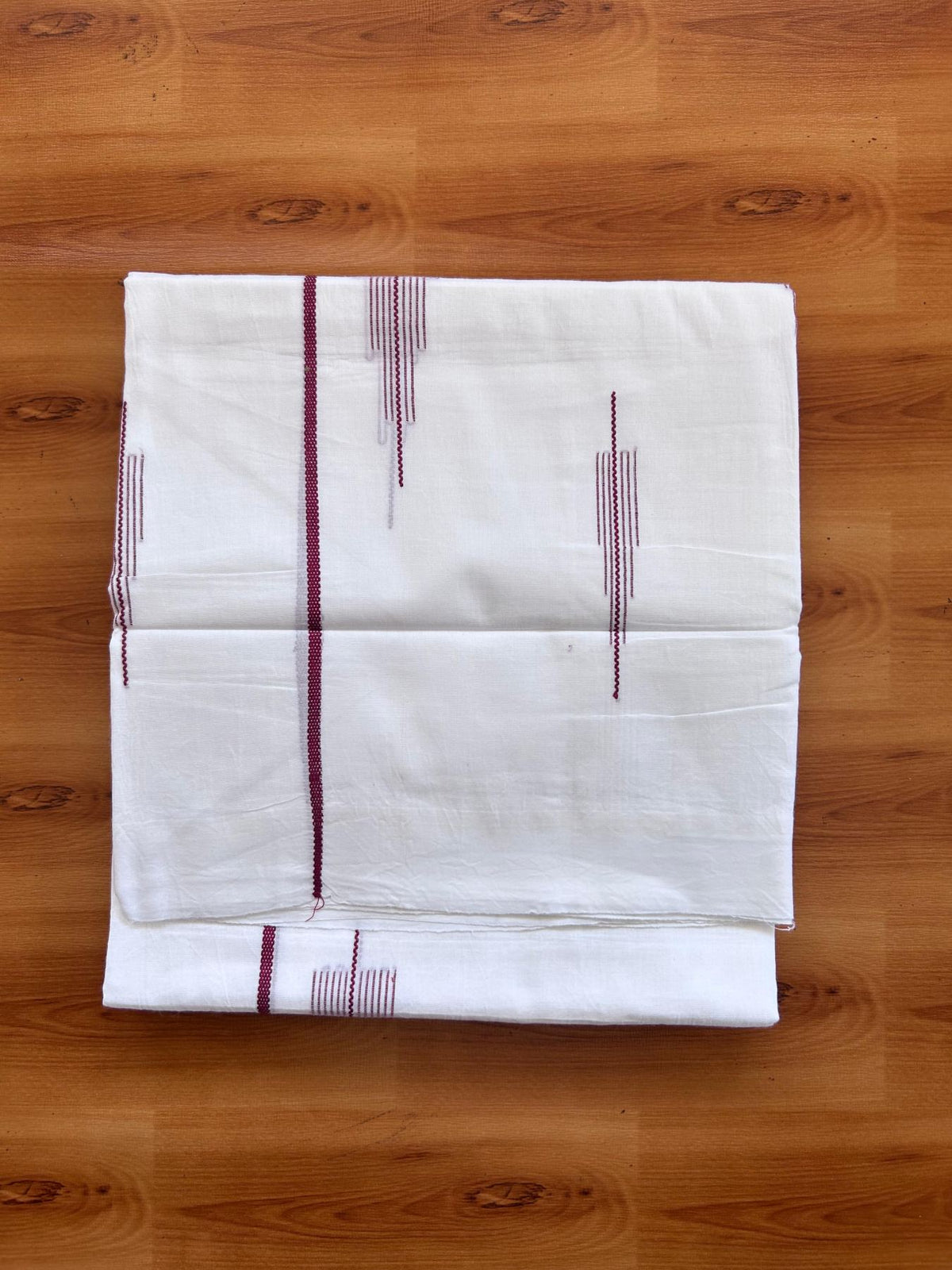 Pure White Double Mundu/Dothi - 20% Discount ! Kaitharikada Balaramapuram 100% Cotton - 100x80 - Dark Maroon Stripes Jacquard Design Kara 3.80 mtr (8 muzham) - 6 KK5516 THI