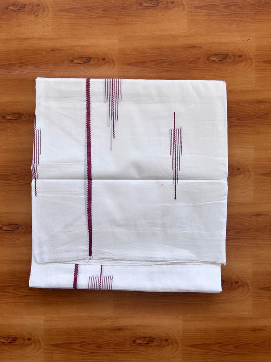Pure White Double Mundu/Dothi - 20% Discount ! Kaitharikada Balaramapuram 100% Cotton - 100x80 - Dark Maroon Stripes Jacquard Design Kara 3.80 mtr (8 muzham) - 6 KK5516 THI