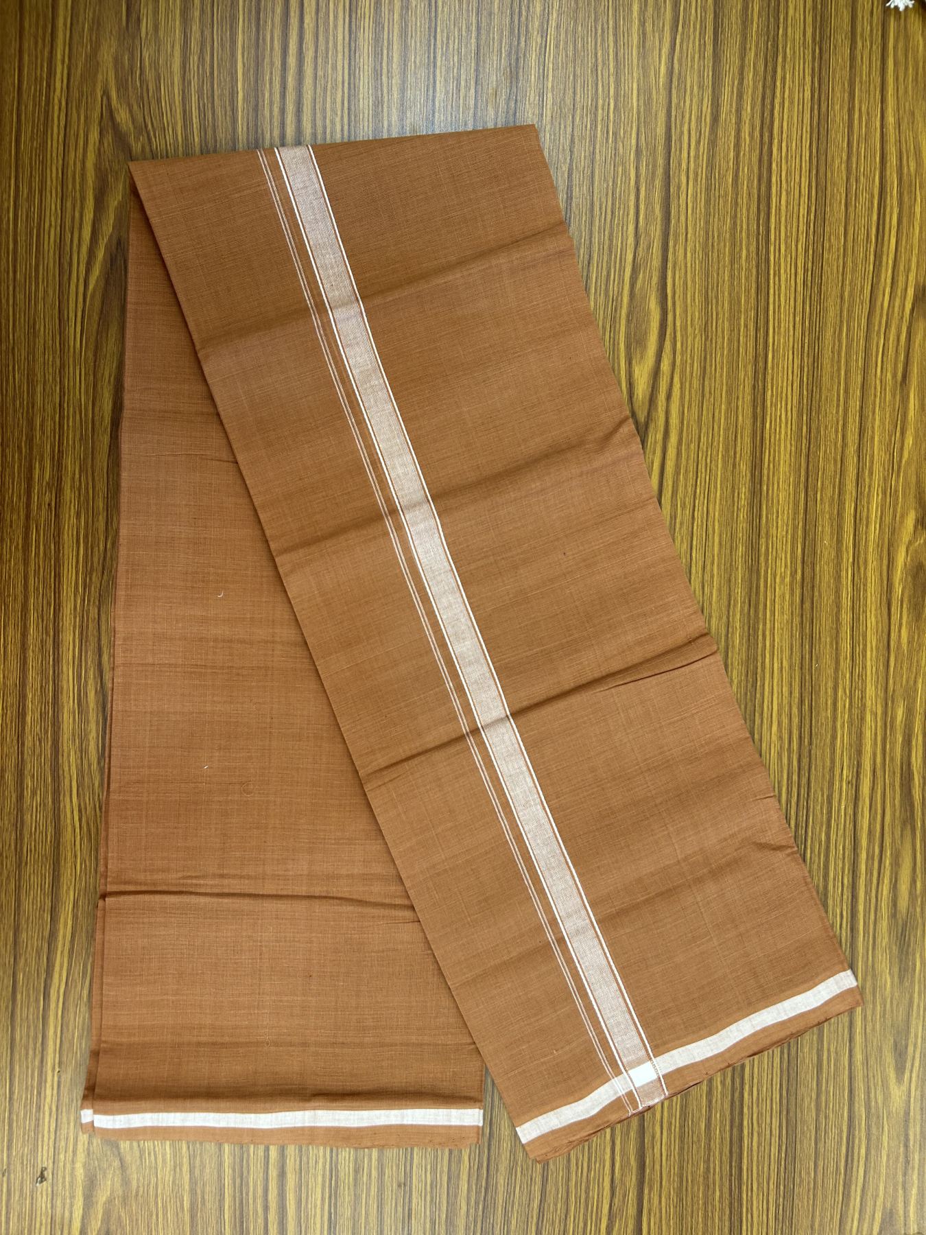 Kerala Handloom Single Hallmarked - 10% Discount !! KaithariKada 100% Pure Cotton - Mundu/Dhoti 2 cm White Shaded Striped Kara with Kavi colour Body - (2 meter / 4 muzham) - 4 KK8048 ELA