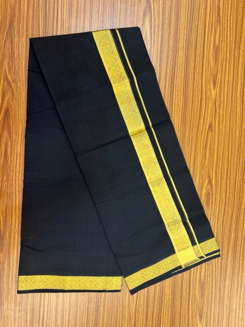 25% Discount! KaithariKada Handloom Unakkupaav Balaramapuram - 100% Cotton Double Mundu/Dhoti - Black Colour Body - 1.75 inch Gold Kasavu Jacquard Design Kara - 28 KK5301 ABH