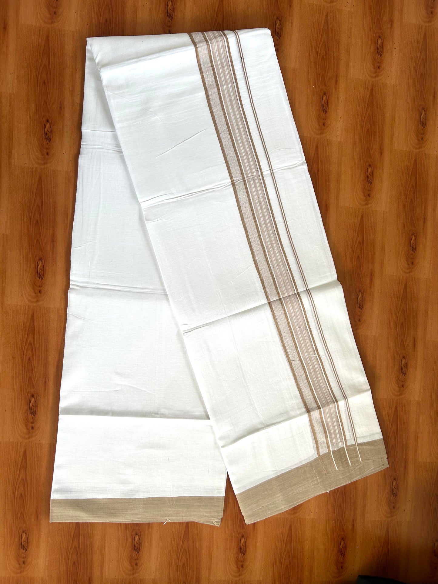 Double Pure White Mundu/Dhoti -20% Discount ! KaithariKada Balaramapuram 100% Cotton - 60s - 1.75 Inch Sand Brown Shaded Striped Kara - 3.80mtr ( 8 muzham) - 41 KK5398 PMC