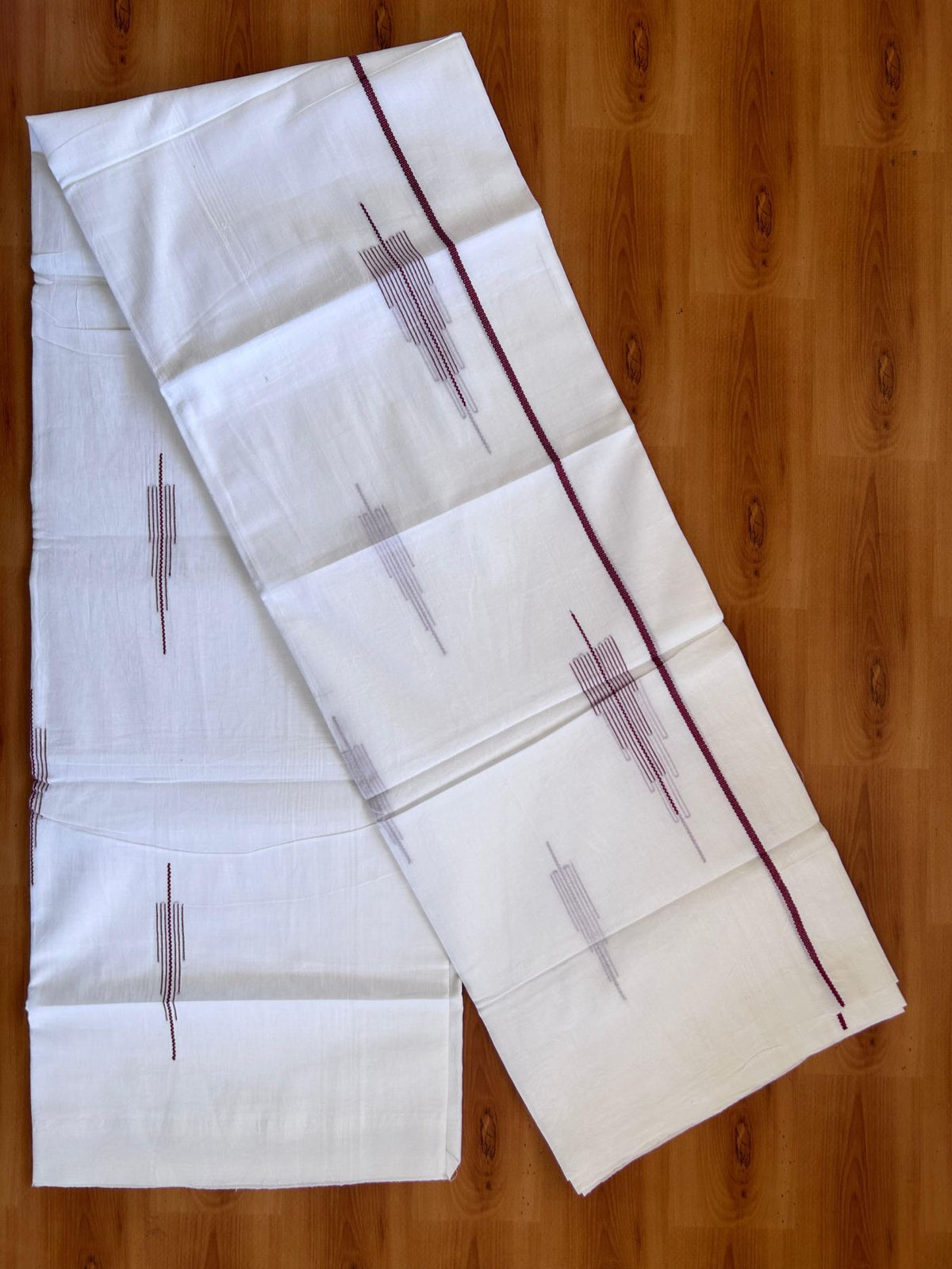 Pure White Double Mundu/Dothi - 20% Discount ! Kaitharikada Balaramapuram 100% Cotton - 100x80 - Dark Maroon Stripes Jacquard Design Kara 3.80 mtr (8 muzham) - 6 KK5516 THI