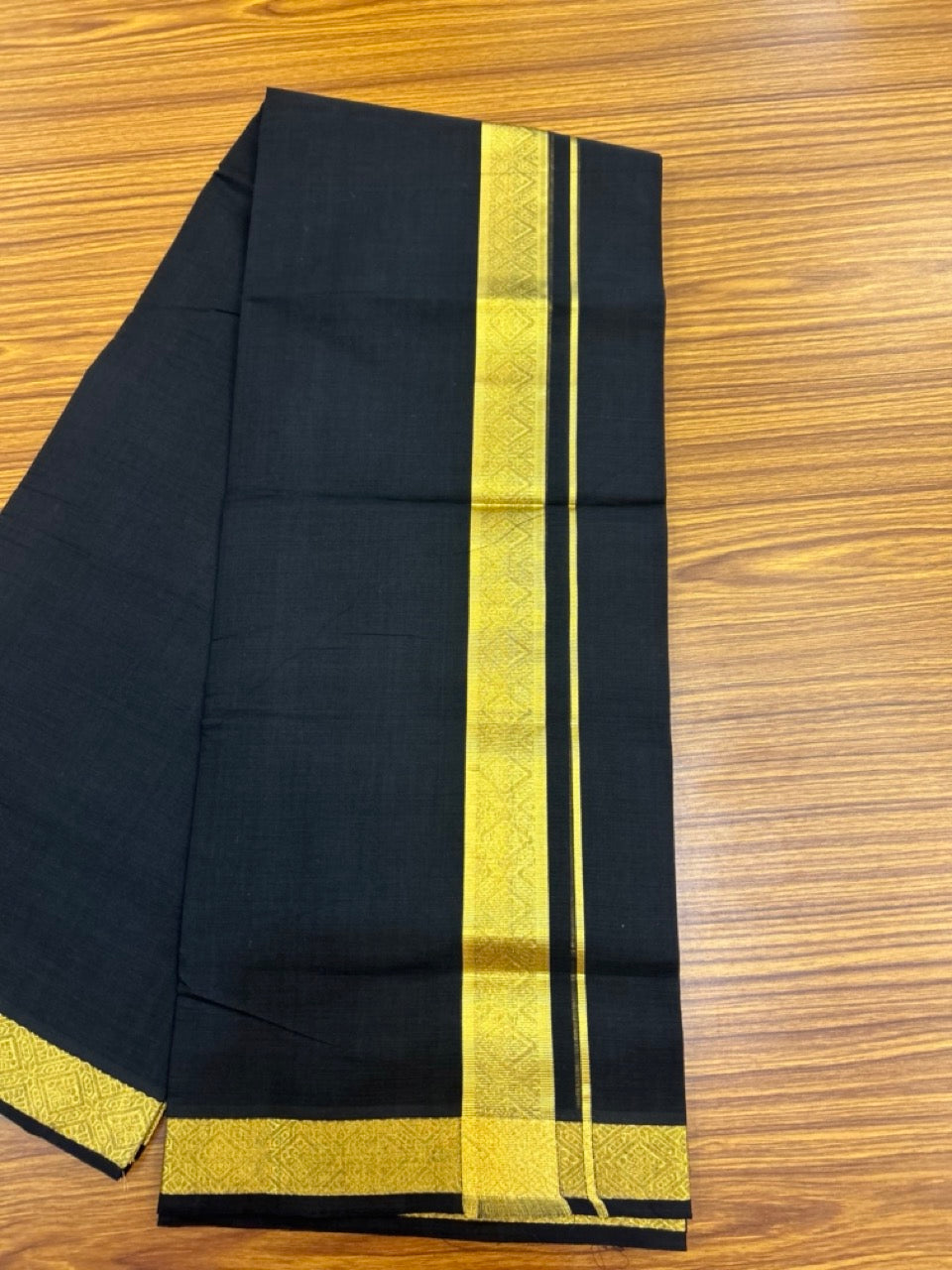 25% Discount! KaithariKada Handloom Unakkupaav Balaramapuram - 100% Cotton Double Mundu/Dhoti - Black Colour Body - 1.75 inch Gold Kasavu Jacquard Design Kara - 28 KK5301 ABH