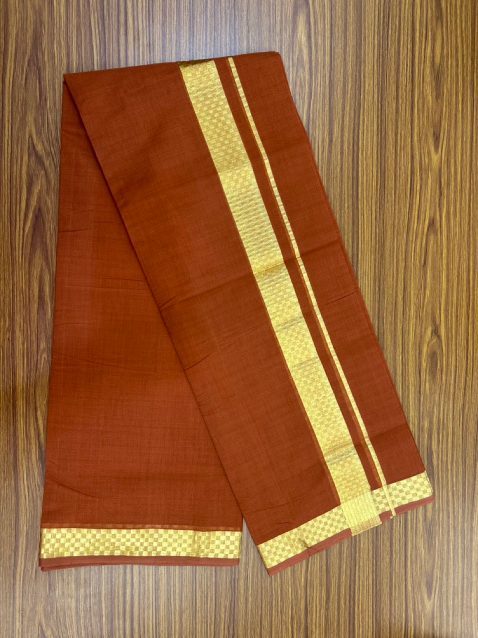25% Discount! KaithariKada Handloom Unakkupaav Balaramapuram - 100% Cotton Double Mundu/Dhoti - Orange Brown Colour Body - 1.75 inch Gold Kasavu Jacquard Design Kara - 32 KK5301 ABH