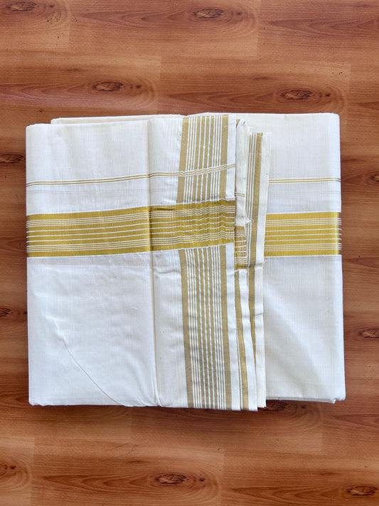 Off White (Unbleached) Double Mundu/Dhoti - 20% Discount ! KaithariKada - Mixed cotton - 80x72 - 1.5 inch Gold Kasav Striped Kara 4 mtr (8.5 muzham) - 1 KK5514 VIN