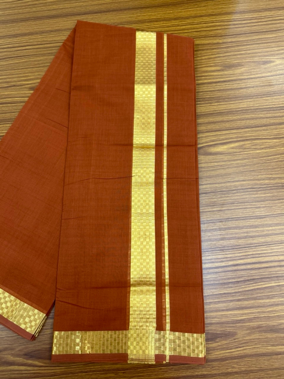 25% Discount! KaithariKada Handloom Unakkupaav Balaramapuram - 100% Cotton Double Mundu/Dhoti - Orange Brown Colour Body - 1.75 inch Gold Kasavu Jacquard Design Kara - 32 KK5301 ABH