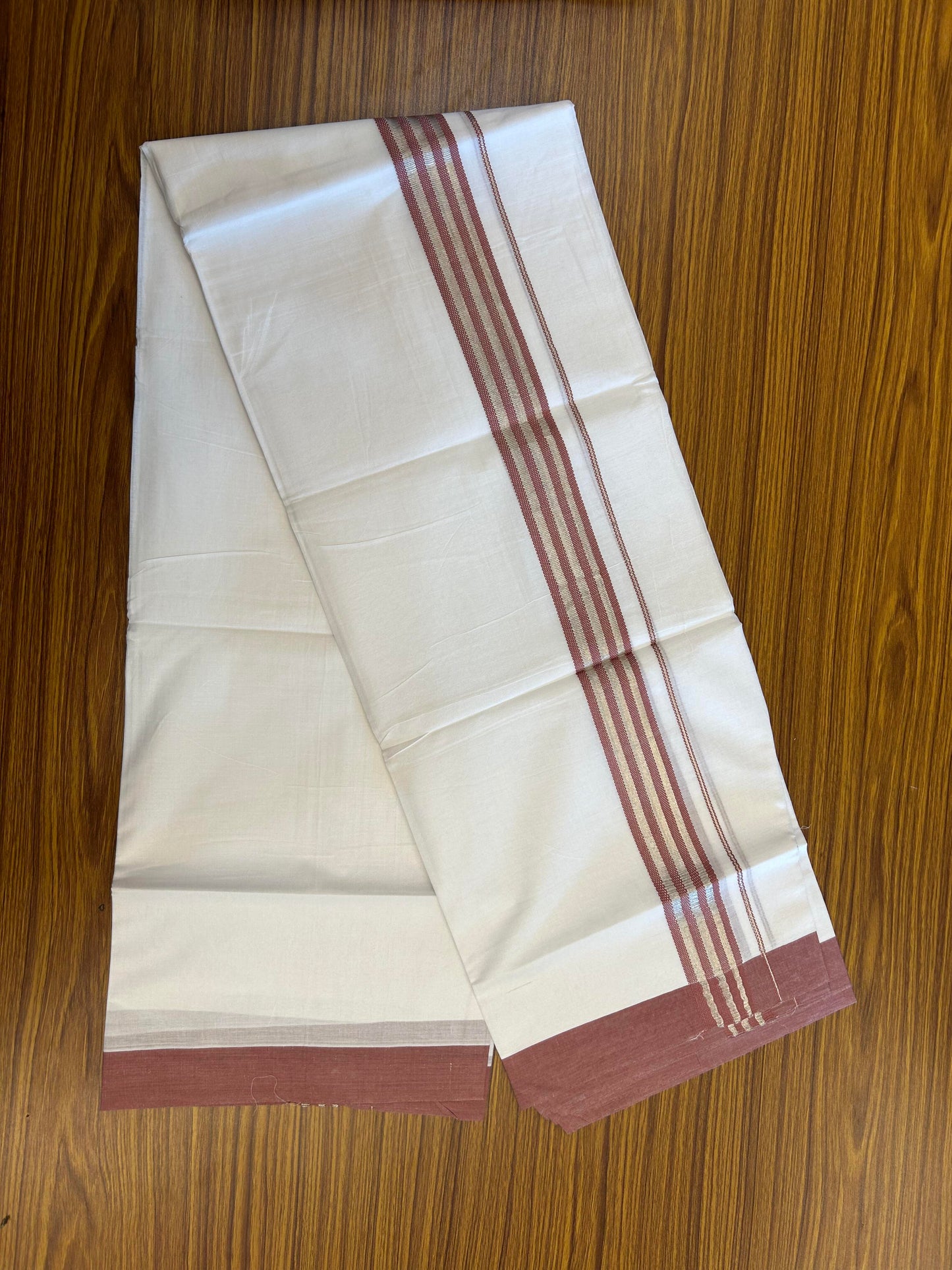 20% Discount ! KaithariKada Balaramapuram 100% Cotton Double Pure White Mundu/Dhoti - 100X80 - 1.5 inch Silver Kasav & Dusty Rose Stripes kara 3.90 mtr (8 muzham) - 15 KK5361 PMC