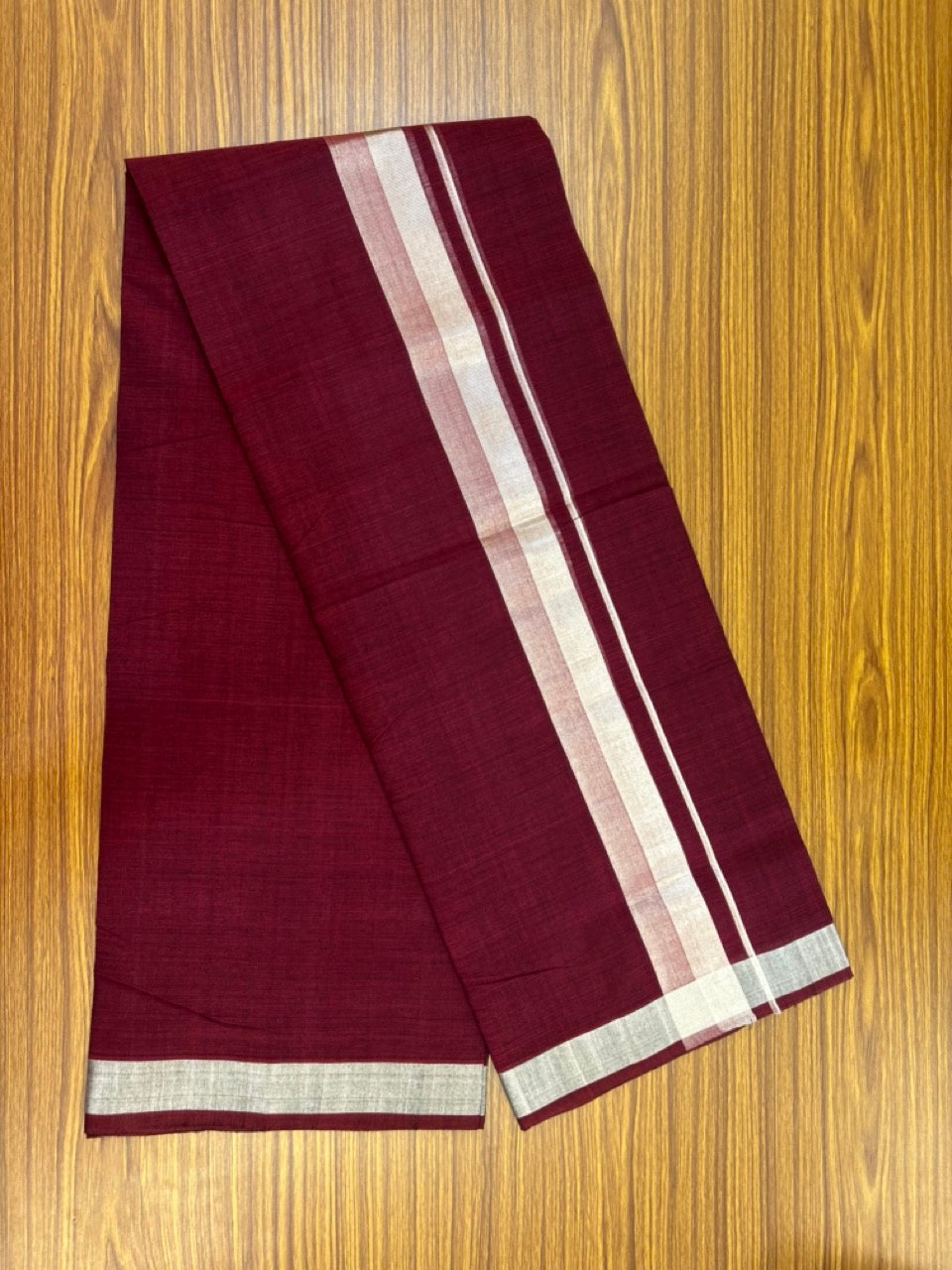 25% Discount! KaithariKada Handloom Unakkupaav Balaramapuram - 100% Cotton Double Mundu/Dhoti - Dark Maroon Colour Body - 2 inch Silver Kasavu Kara - 31 KK5301 ABH