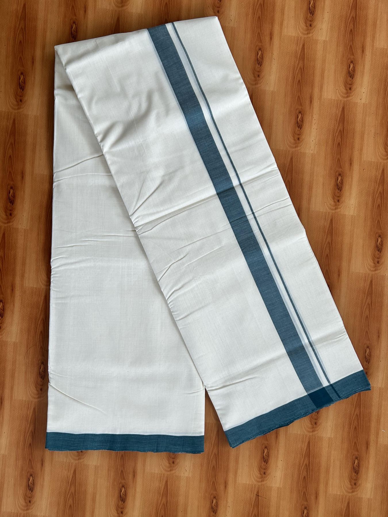 Double Off White (Unbleached) Mundu/Dhoti - 25% Discount!! KaithariKada Handloom Unakkupaav - Kerala Handloom - 100% Pure Cotton - 100x80 - 1 inch Dark Green Shaded Kara 3.80 meter (8 muzham) - 58 KK5436 REA