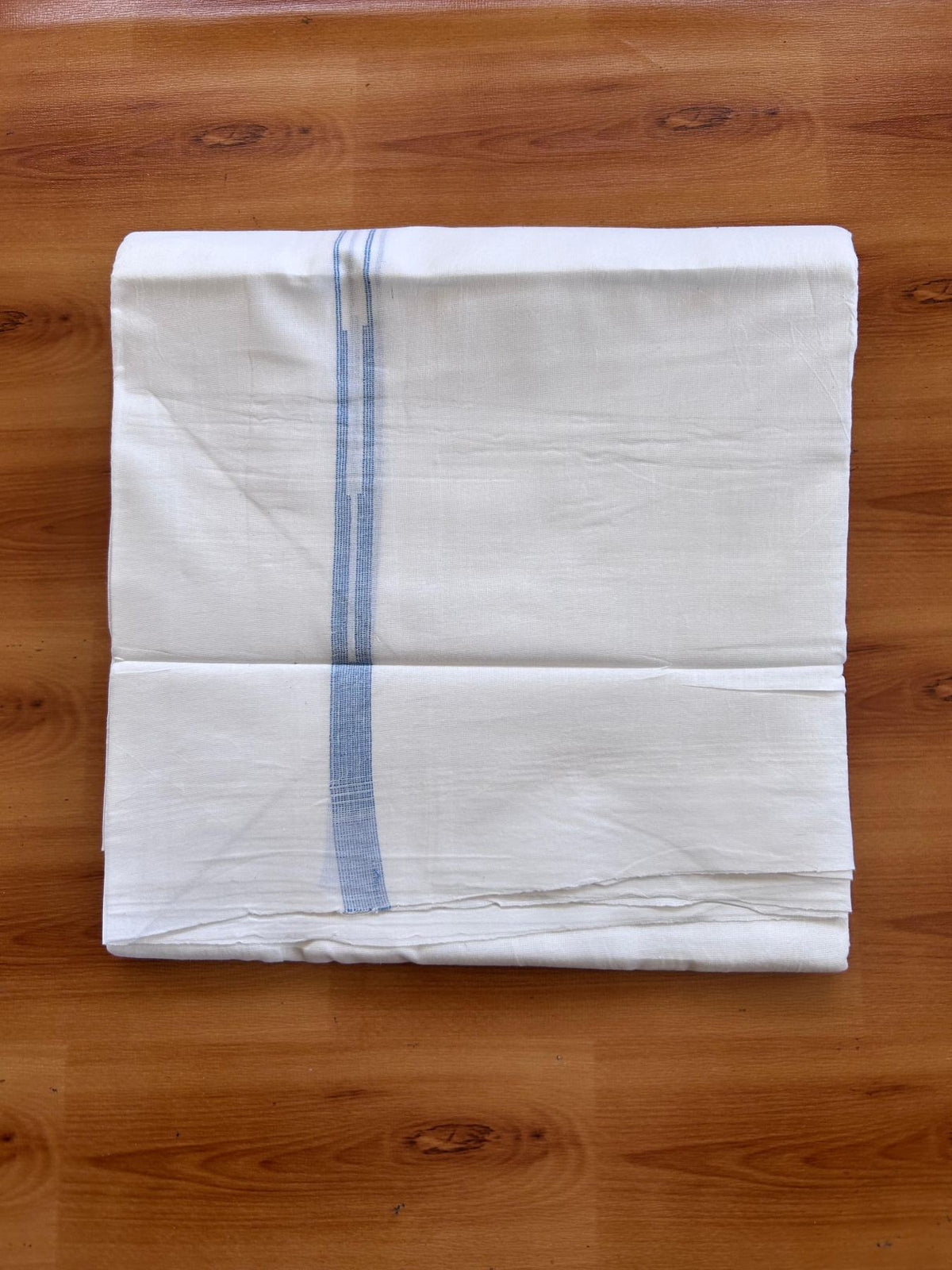 Double Pure White Mundu/Dhoti - 20% Discount !! KaithariKada Balaramapuram 100% Cotton - 100x80 - 0.5 Sky Blue Striped Chutty Kara 3.75 mtr (8 muzham) - 1 KK5515 CKS