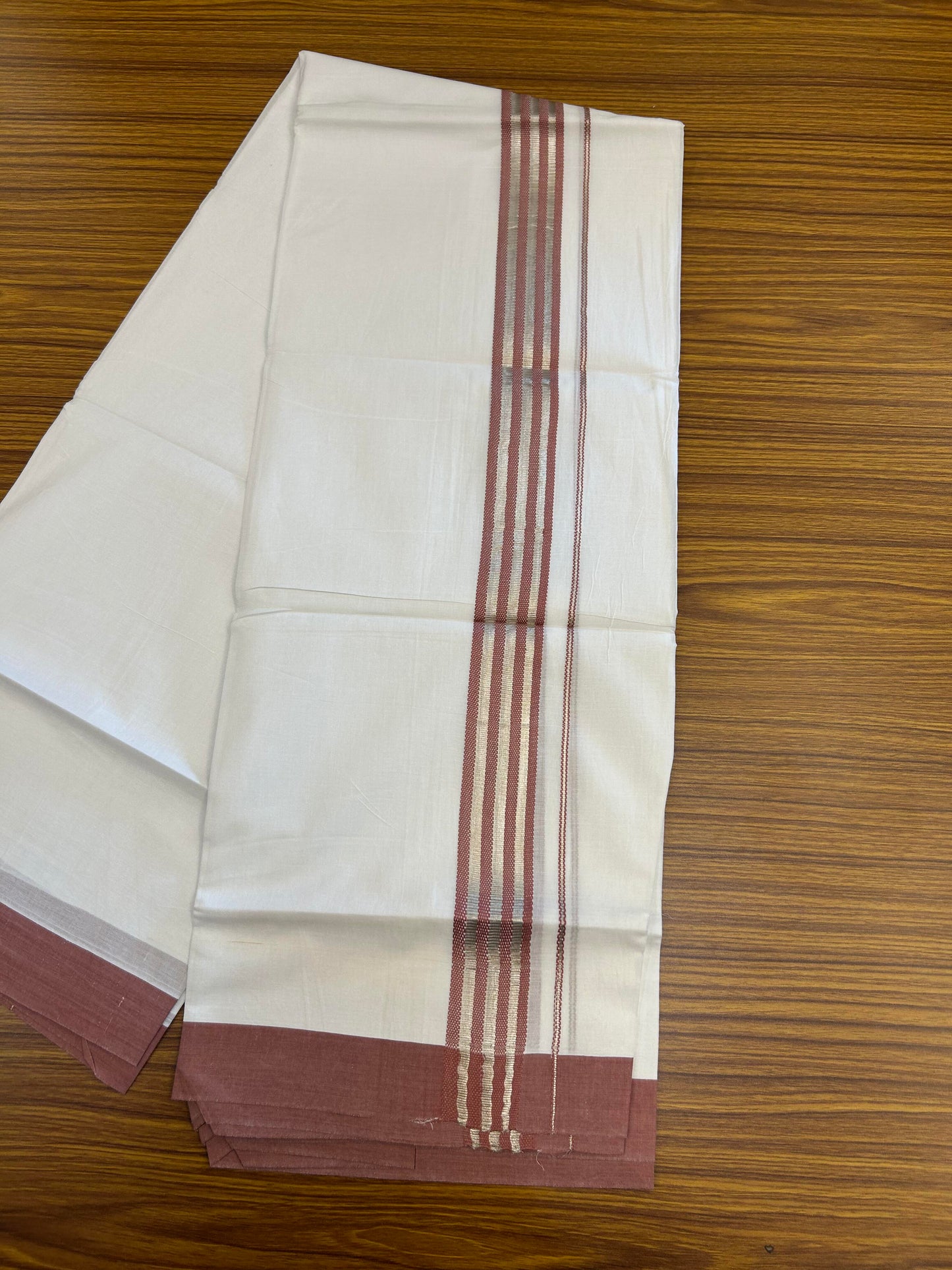 20% Discount ! KaithariKada Balaramapuram 100% Cotton Double Pure White Mundu/Dhoti - 100X80 - 1.5 inch Silver Kasav & Dusty Rose Stripes kara 3.90 mtr (8 muzham) - 15 KK5361 PMC