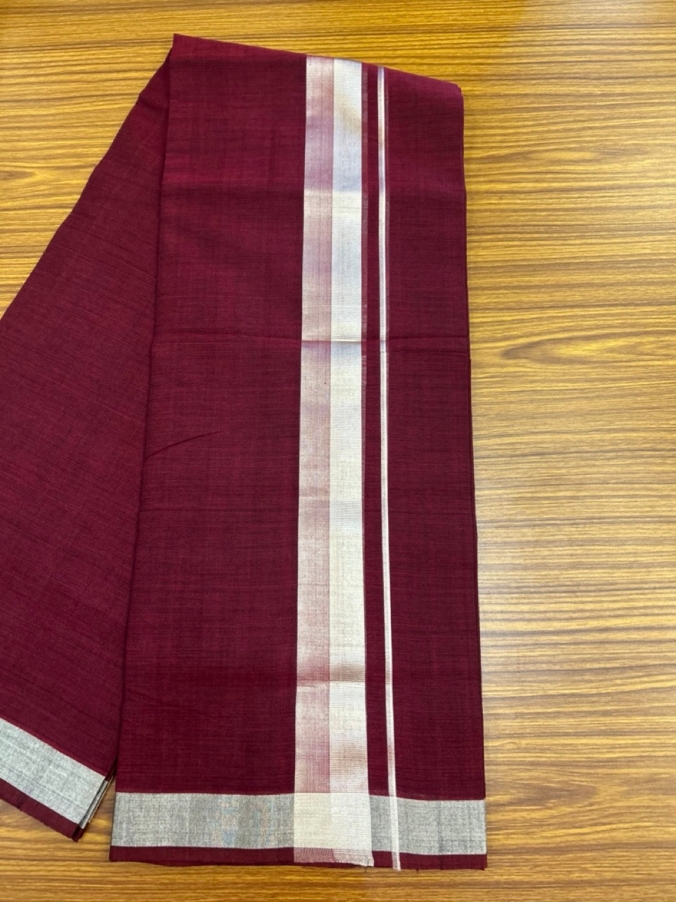 25% Discount! KaithariKada Handloom Unakkupaav Balaramapuram - 100% Cotton Double Mundu/Dhoti - Dark Maroon Colour Body - 2 inch Silver Kasavu Kara - 31 KK5301 ABH