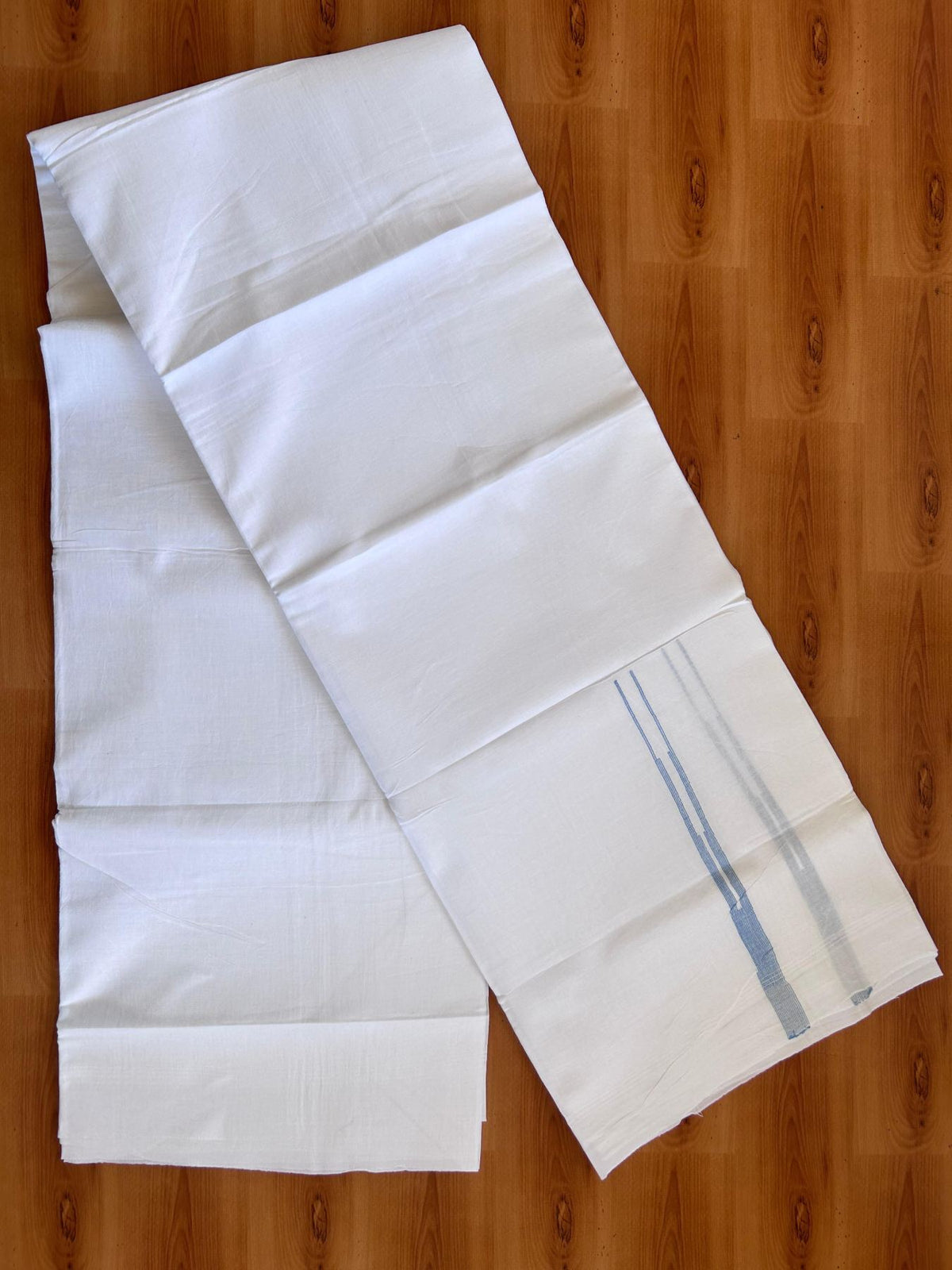 Double Pure White Mundu/Dhoti - 20% Discount !! KaithariKada Balaramapuram 100% Cotton - 100x80 - 0.5 Sky Blue Striped Chutty Kara 3.75 mtr (8 muzham) - 1 KK5515 CKS