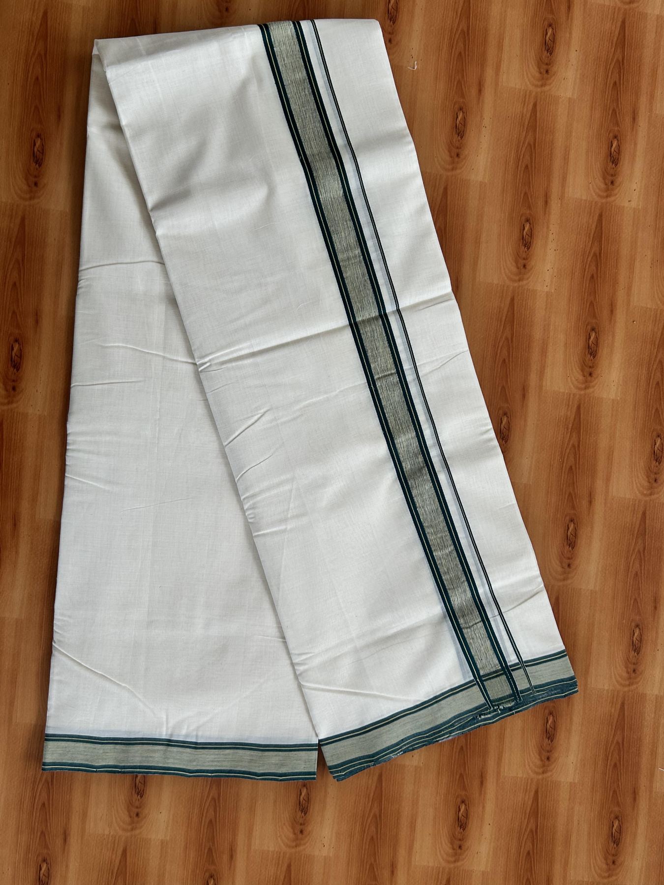 Double Off White (Unbleached) Mundu/Dhoti - 25% Discount!! KaithariKada Handloom Unakkupaav - Kerala Handloom - 100% Pure Cotton - 100x80 - 1.25 inch Dark Green & Yellow Shaded Striped Kara 3.80 meter (8 muzham) - 50 KK5436 REA