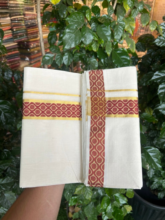 25% Discount ! Kaitharikada Handloom Unakkupaav Balaramapuram - 100% PURE Cotton OFF WHITE - (Unbleached) Double Mundu/Dhoti - 100x80 - 1.75 inch Gold Kasav & Maroon Jacquard Design Kara 4 mtr (8.5 Muzham) - 17 KK5301 ABH