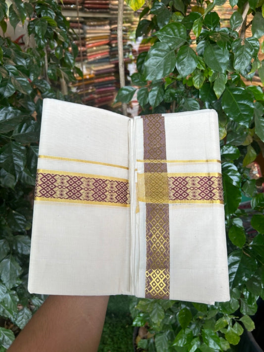25% Discount ! Kaitharikada Handloom Unakkupaav Balaramapuram - 100% PURE Cotton OFF WHITE - (Unbleached) Double Mundu/Dhoti - 100x80 - 1.75 inch Gold Kasav & Dark Maroon Jacquard Design Kara 4 mtr (8.5 Muzham) - 15 KK5301 ABH