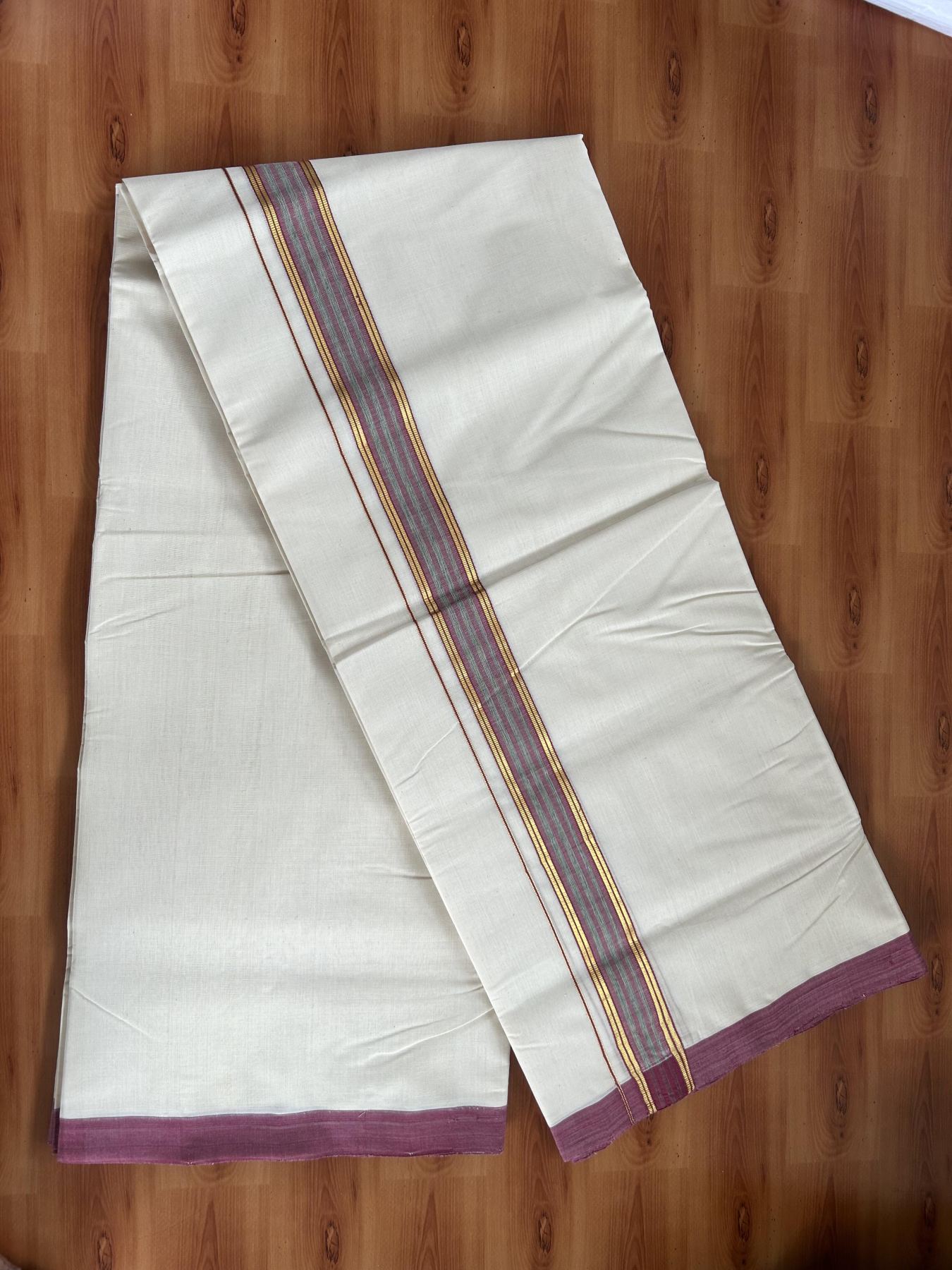 Double Off White (Unbleached) Mundu/Dhoti- 25% Discount! KaithariKada Handloom Millpaav - Kerala Handloom - Cotton - 80x90 - 1.25 inch Gold Kasav & Green & Magenta Shaded Striped Kara 4.50 meter (10 Muzham) - 25 KK5396 RAM