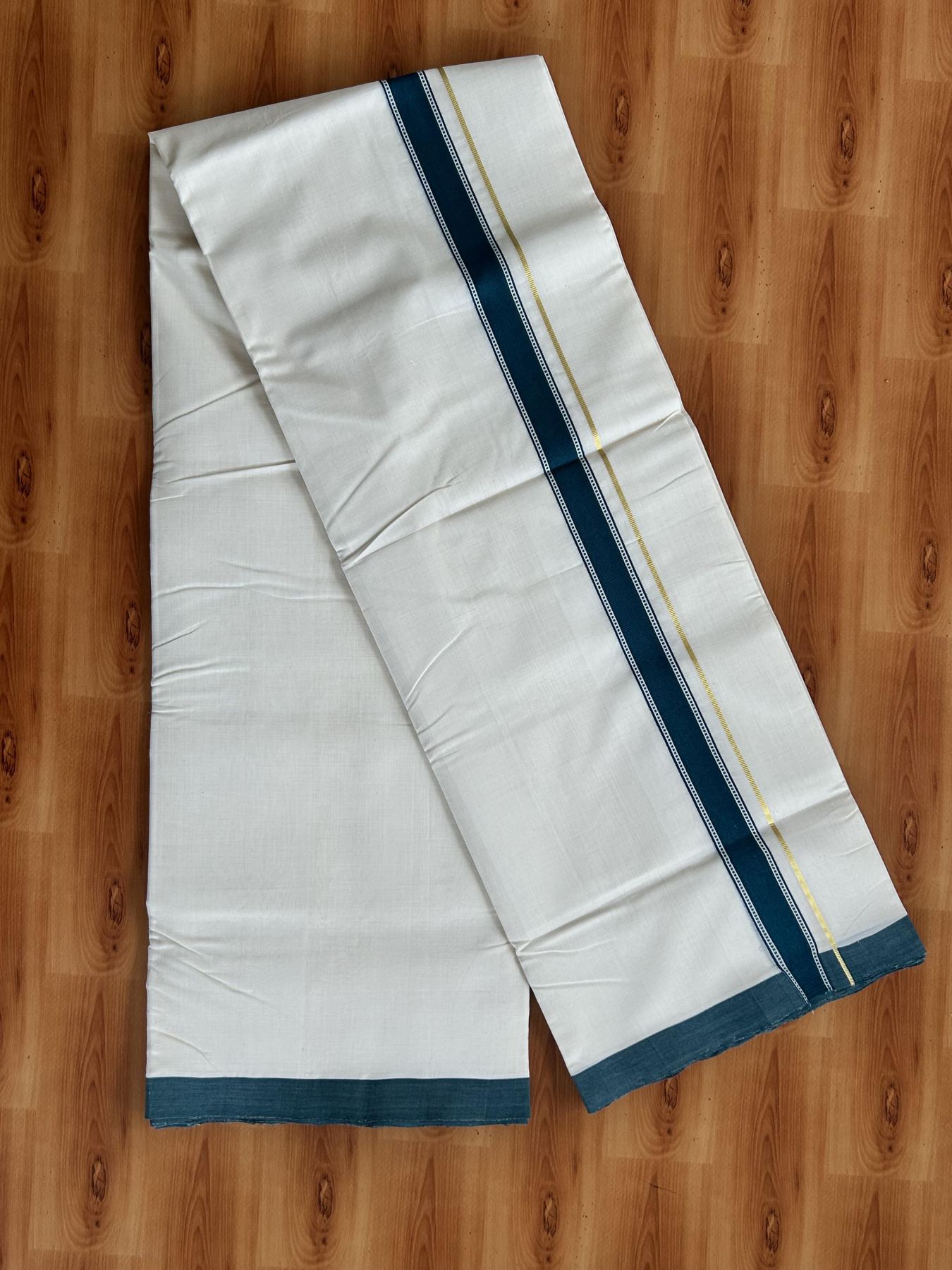 Double Off White (Unbleached) Mundu/Dhoti- 25% Discount! KaithariKada Handloom Unakkupaav - 100% Pure Cotton - 100x80 - 1 inch Dark Green Gold Kasav Pure Jerry Striped Designer Kara 3.80 meter (8 muzham) - 59 KK5436 REA