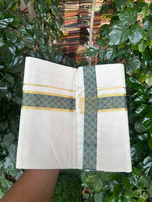 25% Discount ! Kaitharikada Handloom Unakkupaav Balaramapuram - 100% PURE Cotton OFF WHITE - (Unbleached) Double Mundu/Dhoti - 100x80 - 1.75 inch Gold Kasav & Peacock Green Jacquard Design Kara 4 mtr (8.5 Muzham) - 7 KK5301 ABH