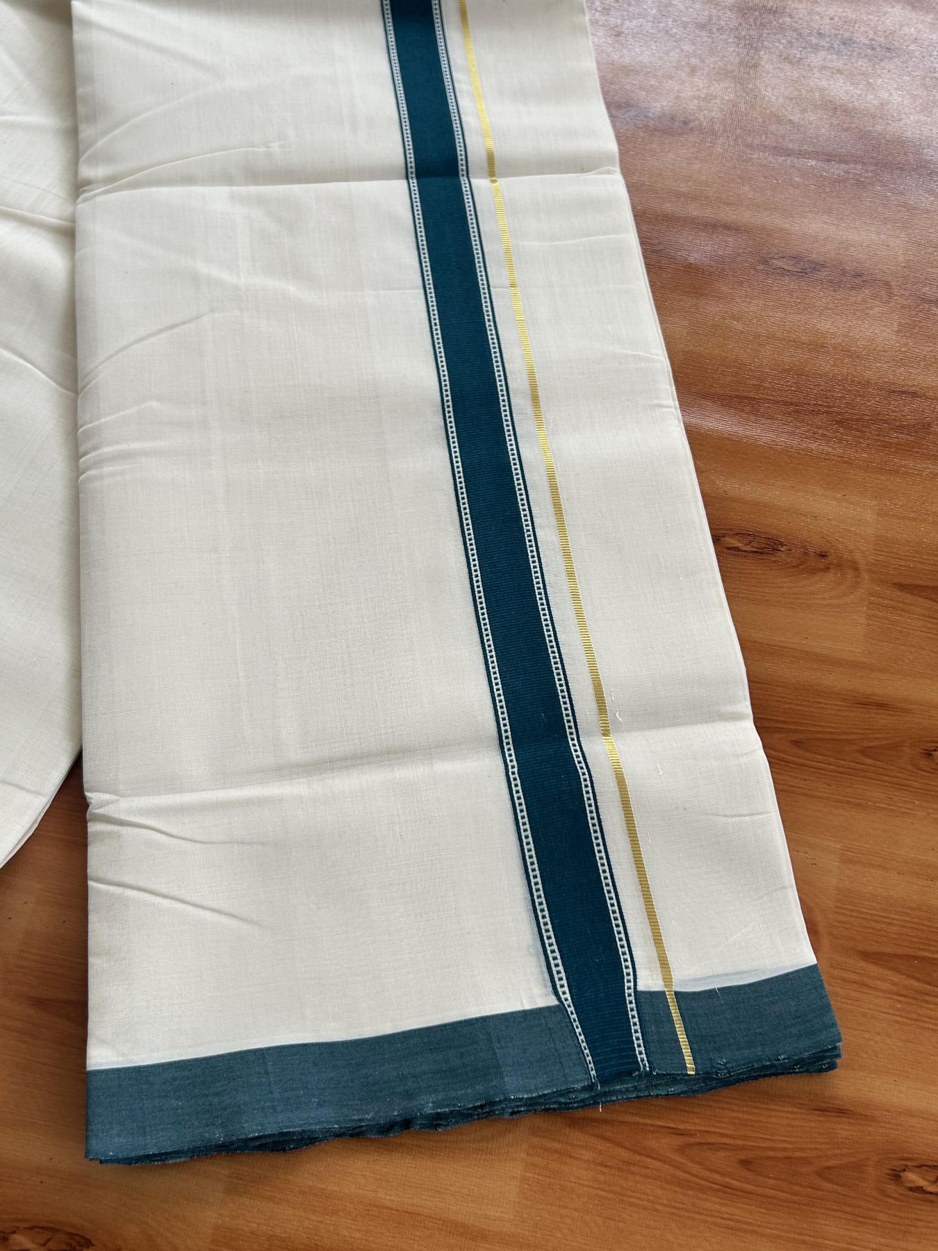 Double Off White (Unbleached) Mundu/Dhoti- 25% Discount! KaithariKada Handloom Unakkupaav - 100% Pure Cotton - 100x80 - 1 inch Dark Green Gold Kasav Pure Jerry Striped Designer Kara 3.80 meter (8 muzham) - 59 KK5436 REA