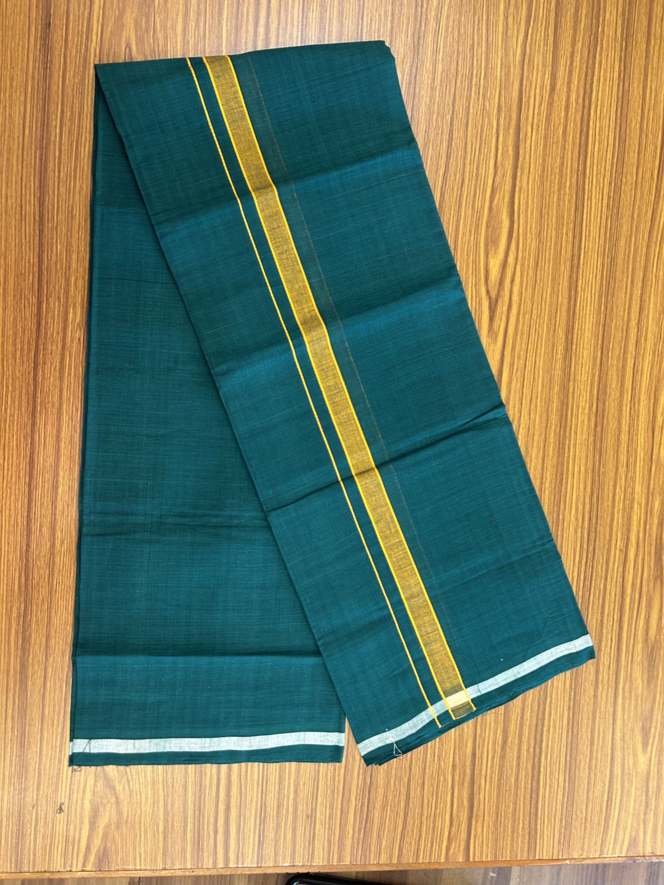 Kerala Handloom Single Hallmarked - 10% Discount !! KaithariKada 100% Pure Cotton - Mundu/Dhoti Pine Green Body - 1 inch Orange Shaded Kara - (2 meter / 4 muzham) - 49 KK8048 ELA