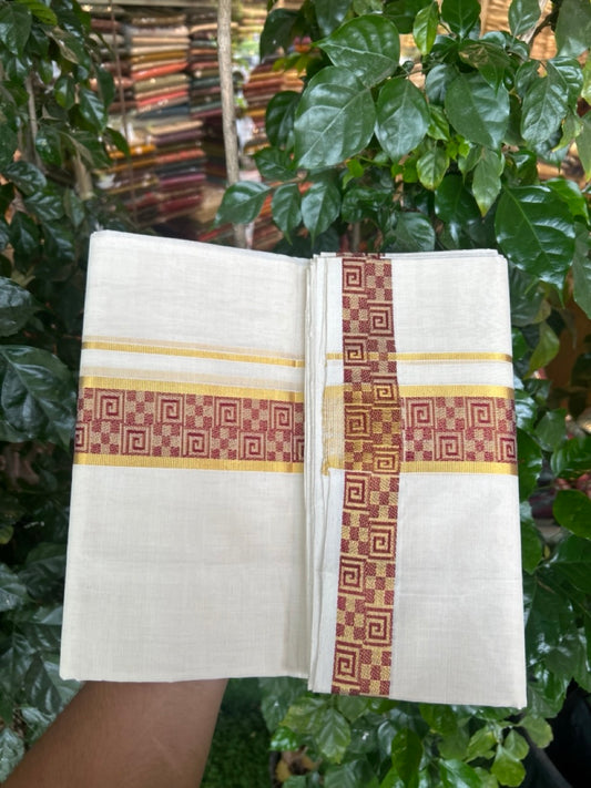 25% Discount ! Kaitharikada Handloom Unakkupaav Balaramapuram - 100% PURE Cotton OFF WHITE - (Unbleached) Double Mundu/Dhoti - 100x80 - 2 inch Gold Kasav & Maroon Jacquard Design Kara 4 mtr (8.5 Muzham) - 6 KK5301 ABH