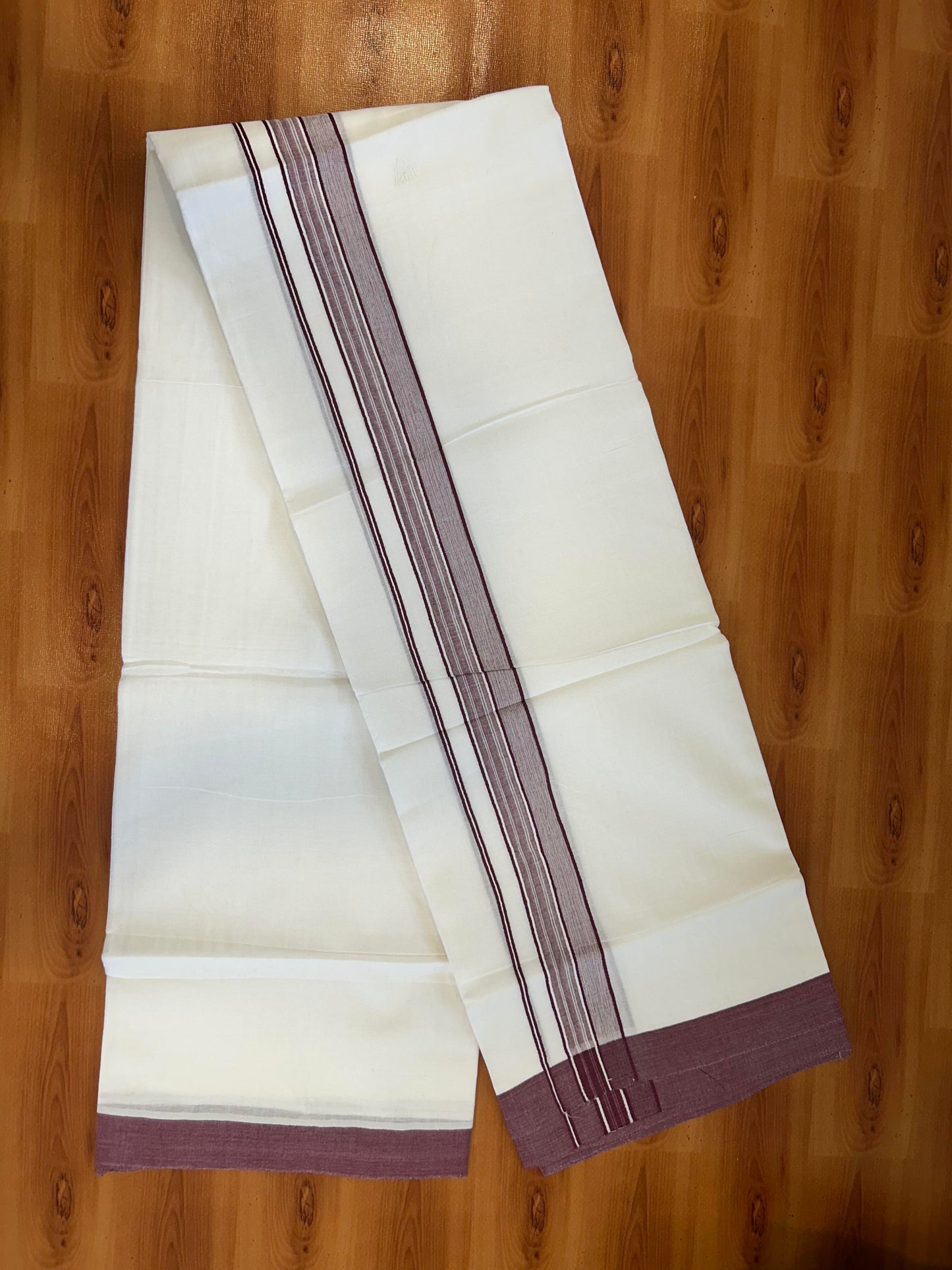 Double Pure White Mundu/Dhoti -20% Discount ! KaithariKada Balaramapuram 100% Cotton - 60s - 1.75 Inch Wine Maroon Shaded Striped Kara - 3.80mtr ( 8 muzham) - 40 KK5398 PMC