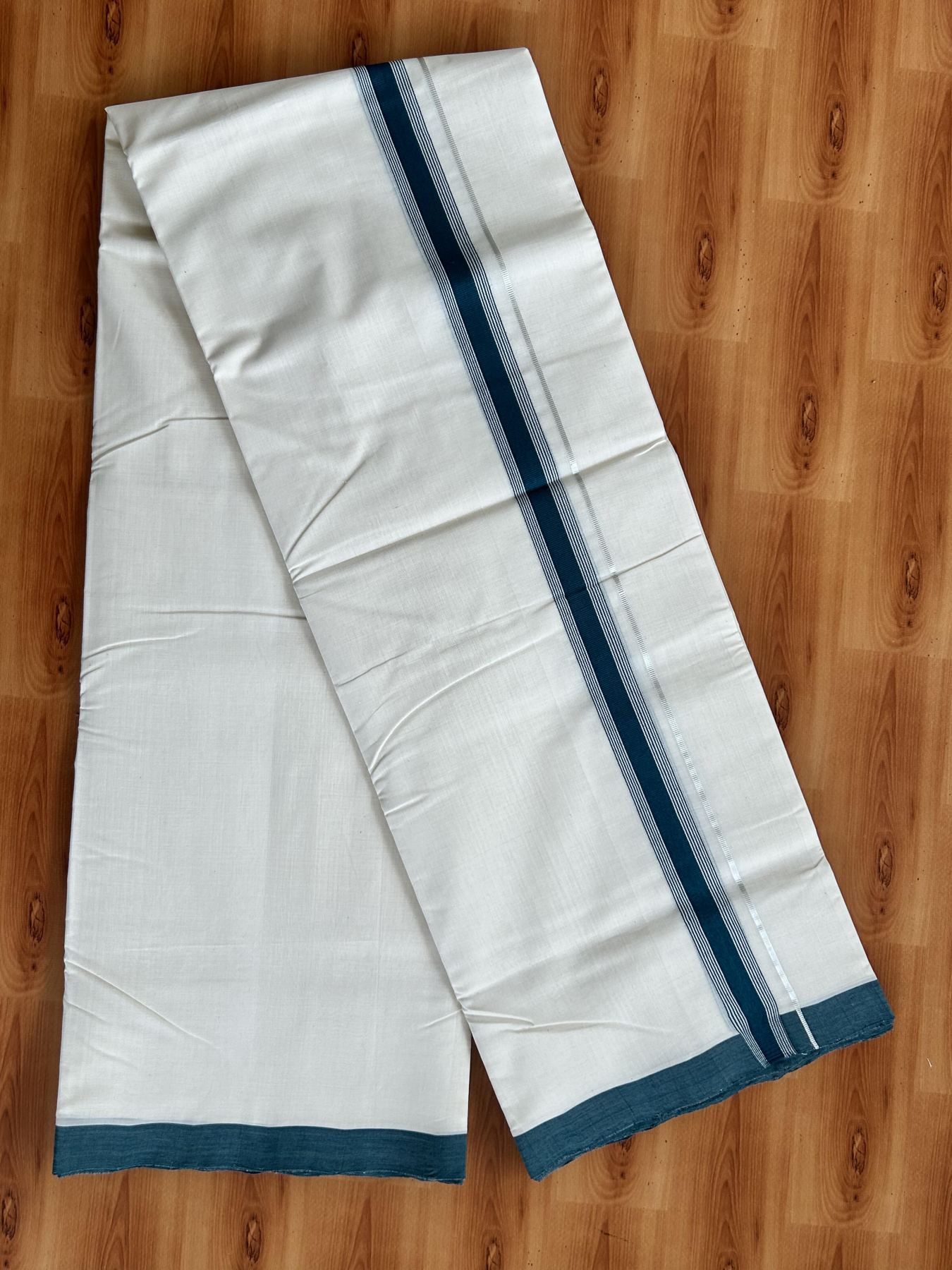 Double Off White (Unbleached) Mundu/Dhoti- 25% Discount! KaithariKada Handloom Unakkupaav - 100% Pure Cotton - 100x80 - 1 inch Dark Green Silver Kasav Pure Jerry Striped Kara 3.80 meter (8 muzham) - 60 KK5436 REA