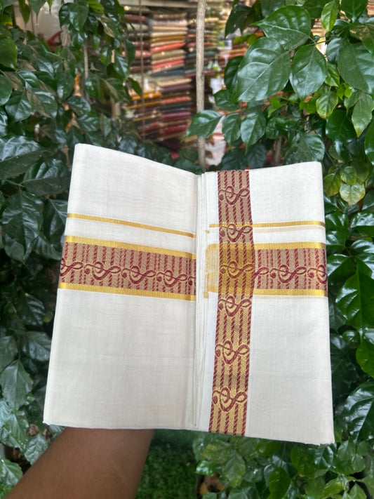 25% Discount ! Kaitharikada Handloom Unakkupaav Balaramapuram - 100% PURE Cotton OFF WHITE - (Unbleached) Double Mundu/Dhoti - 100x80 - 2 inch Gold Kasav & Maroon Jacquard Design Kara 4 mtr (8.5 Muzham) - 5 KK5301 ABH
