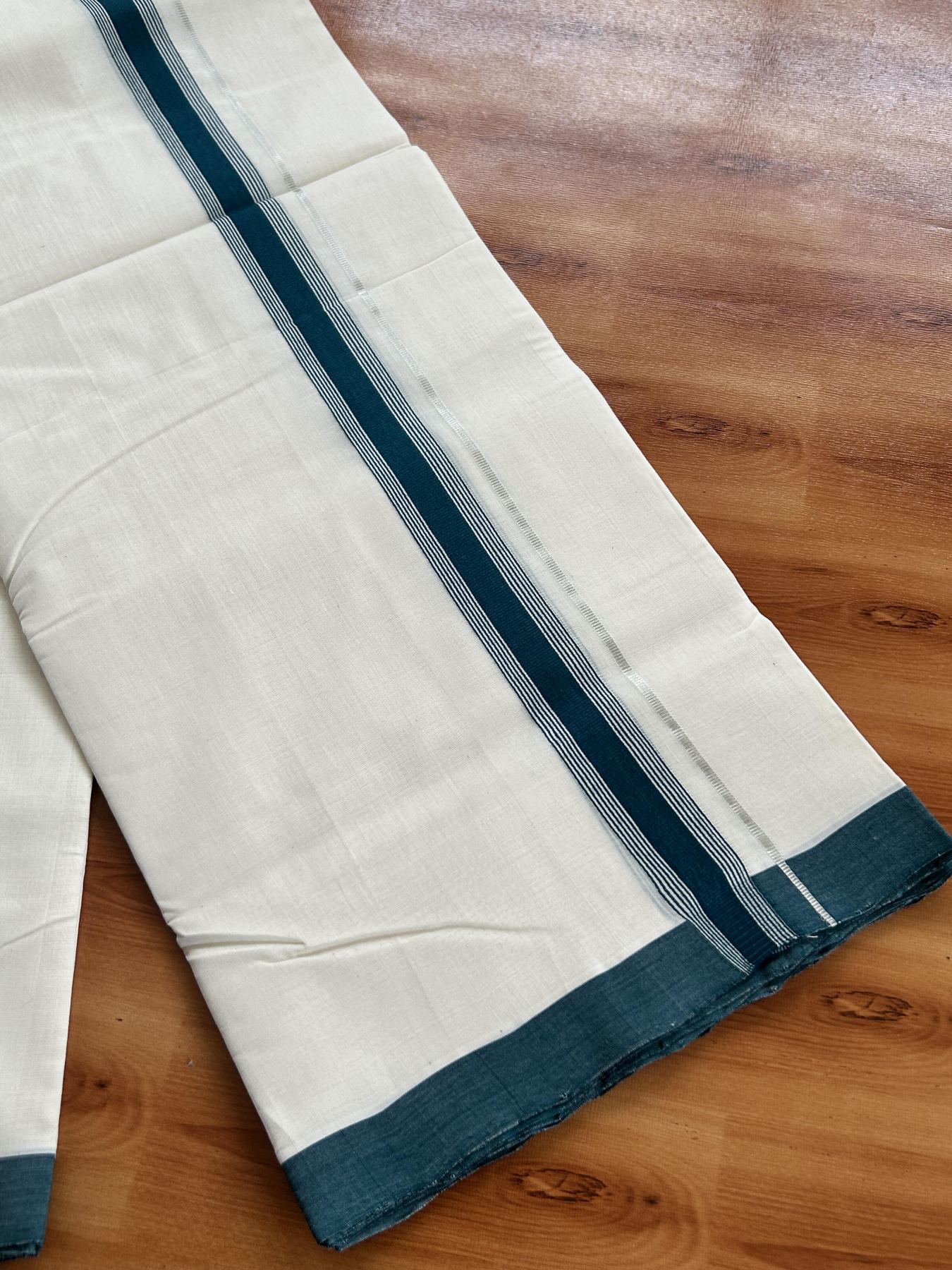 Double Off White (Unbleached) Mundu/Dhoti- 25% Discount! KaithariKada Handloom Unakkupaav - 100% Pure Cotton - 100x80 - 1 inch Dark Green Silver Kasav Pure Jerry Striped Kara 3.80 meter (8 muzham) - 60 KK5436 REA