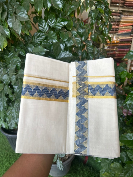 25% Discount ! Kaitharikada Handloom Unakkupaav Balaramapuram - 100% PURE Cotton OFF WHITE - (Unbleached) Double Mundu/Dhoti - 100x80 - 1.75 inch Gold Kasav & Blue Jacquard Design Kara 4 mtr (8.5 Muzham) - 4 KK5301 ABH