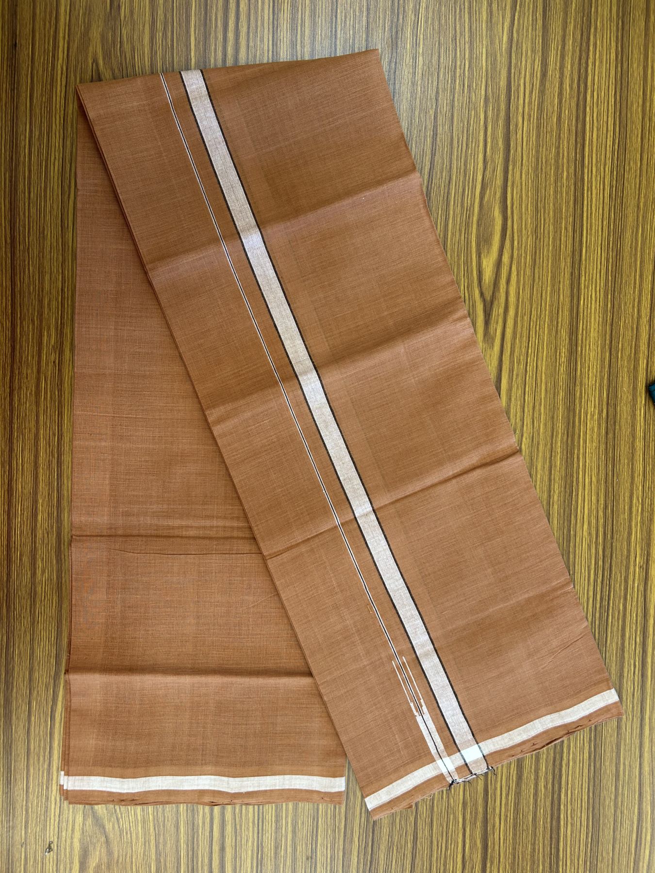 Kerala Handloom Single Hallmarked - 10% Discount !! KaithariKada 100% Pure Cotton - Mundu/Dhoti 1.5 cm Puliyilakkara White & Black Shaded Chutty Kara with Kavi colour Body - (2 meter / 4 muzham) - 6 KK8048 ELA