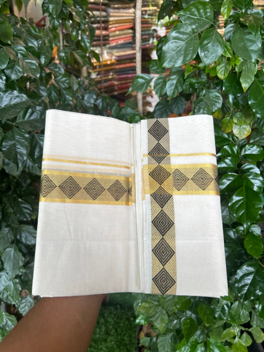 25% Discount ! Kaitharikada Handloom Unakkupaav Balaramapuram - 100% PURE Cotton OFF WHITE - (Unbleached) Double Mundu/Dhoti - 100x80 - 1.75 inch Gold Kasav & Black Jacquard Design Kara 4 mtr (8.5 Muzham) - 3 KK5301 ABH