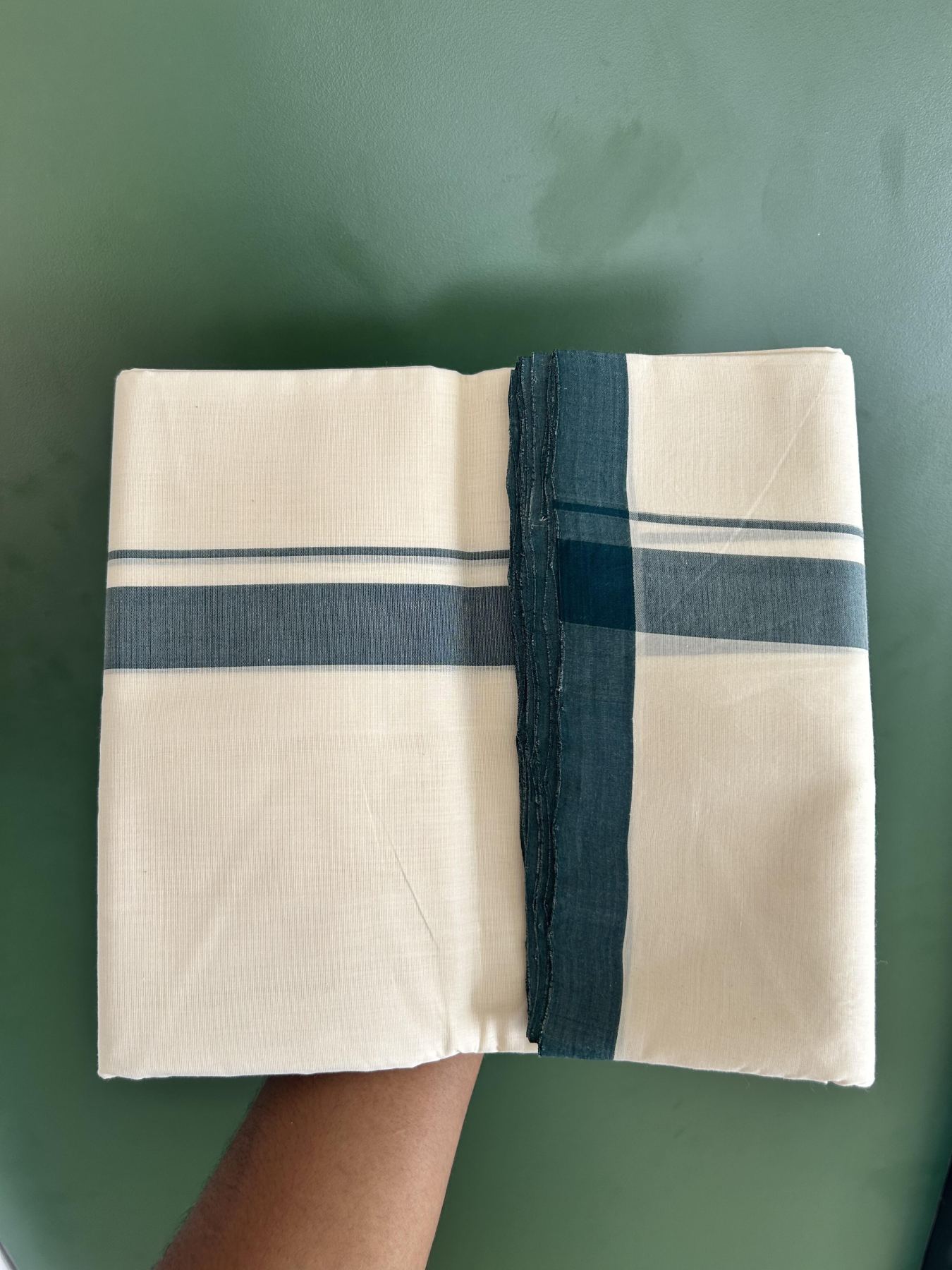 Double Off White (Unbleached) Mundu/Dhoti - 25% Discount!! KaithariKada Handloom Unakkupaav - Kerala Handloom - 100% Pure Cotton - 100x80 - 1 inch Dark Green Shaded Kara 3.80 meter (8 muzham) - 58 KK5436 REA