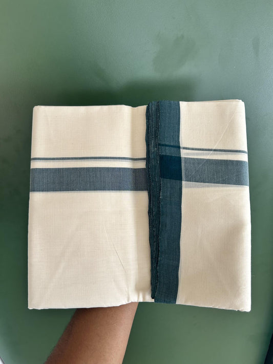 Double Off White (Unbleached) Mundu/Dhoti - 25% Discount!! KaithariKada Handloom Unakkupaav - Kerala Handloom - 100% Pure Cotton - 100x80 - 1 inch Dark Green Shaded Kara 3.80 meter (8 muzham) - 58 KK5436 REA