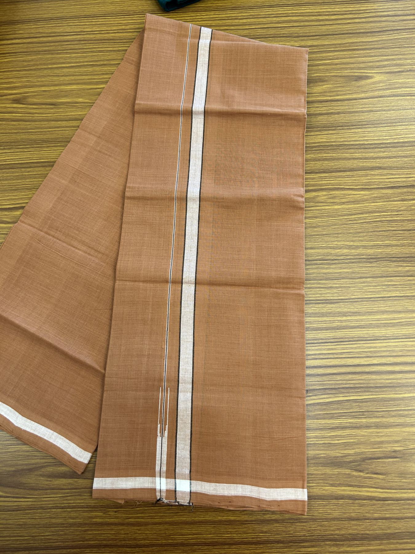 Kerala Handloom Single Hallmarked - 10% Discount !! KaithariKada 100% Pure Cotton - Mundu/Dhoti 1.5 cm Puliyilakkara White & Black Shaded Chutty Kara with Kavi colour Body - (2 meter / 4 muzham) - 6 KK8048 ELA