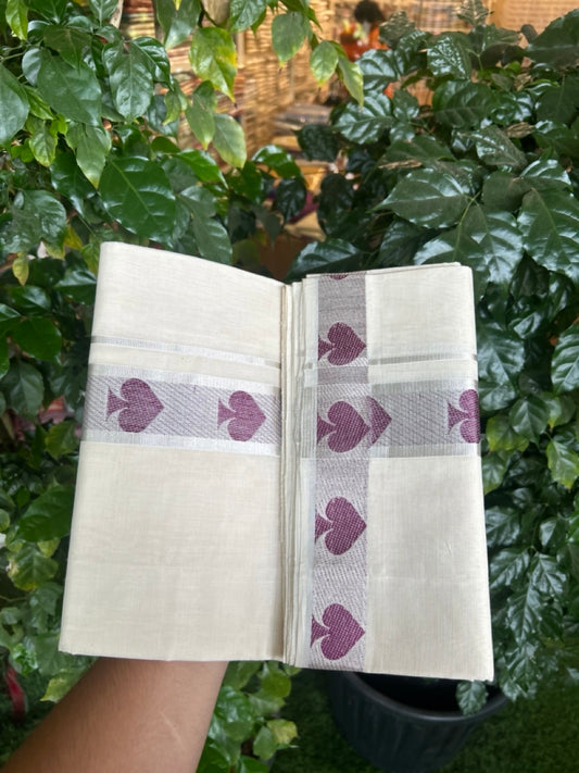 25% Discount ! Kaitharikada Handloom Unakkupaav Balaramapuram - 100% PURE Cotton OFF WHITE - (Unbleached) Double Mundu/Dhoti - 100x80 - 2 inch Silver Kasav & Purple Jacquard Design Kara 4 mtr (8.5 Muzham) - 2 KK5301 ABH