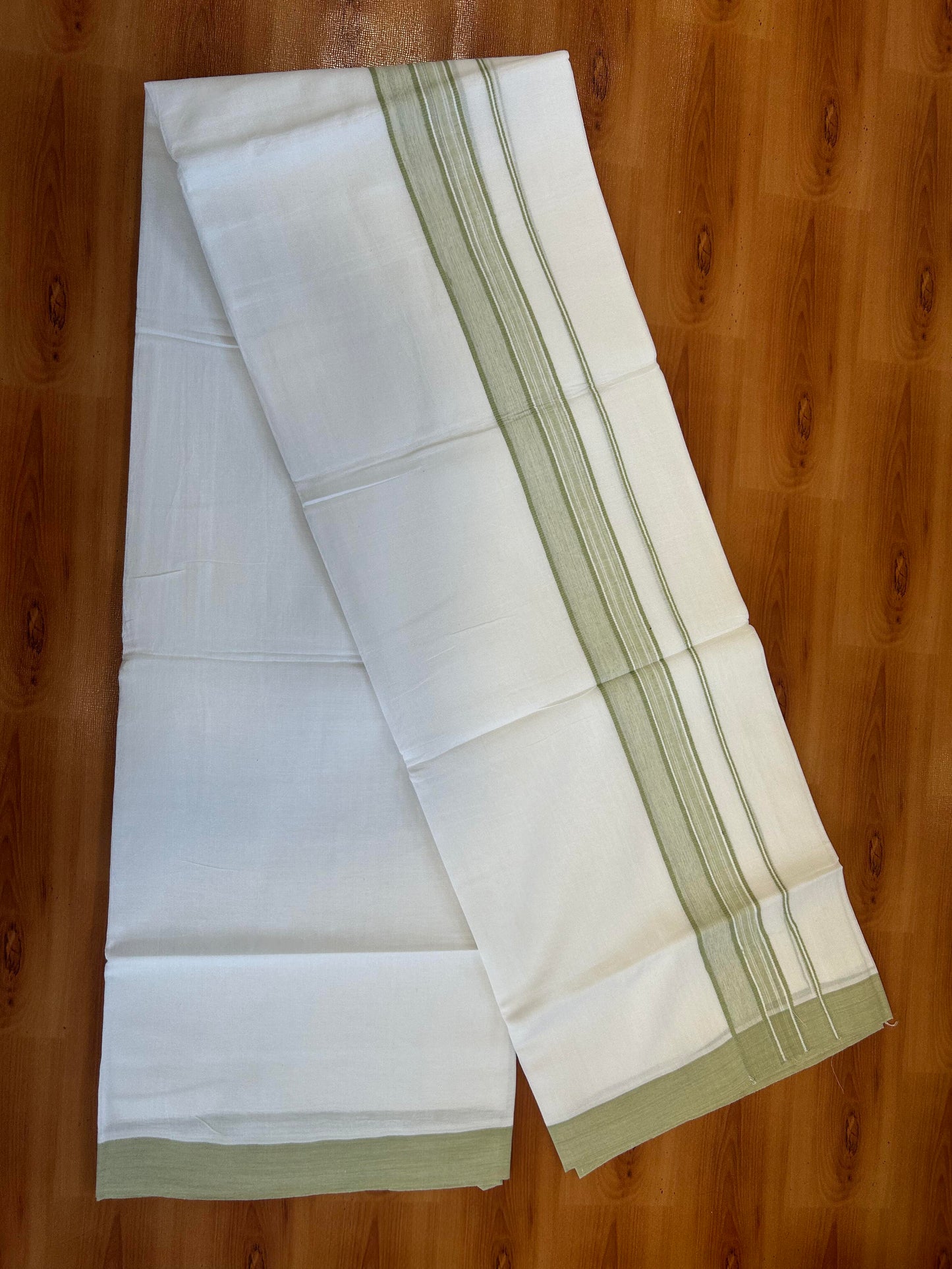 Double Pure White Mundu/Dhoti -20% Discount ! KaithariKada Balaramapuram 100% Cotton - 60s - 1.75 Inch Greenish Beige Shaded Striped Kara - 3.80mtr ( 8 muzham) - 43 KK5398 PMC