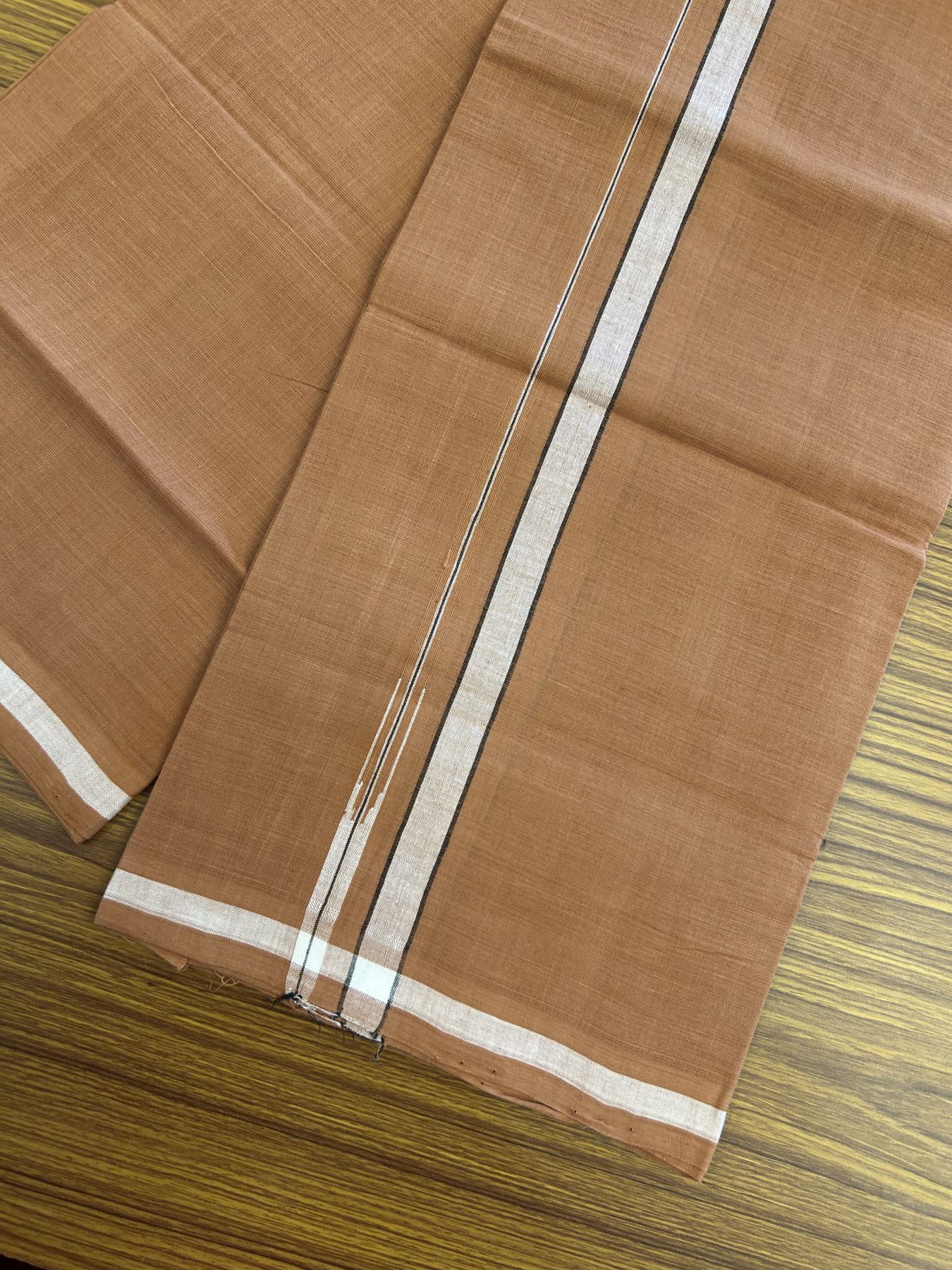 Kerala Handloom Single Hallmarked - 10% Discount !! KaithariKada 100% Pure Cotton - Mundu/Dhoti 1.5 cm Puliyilakkara White & Black Shaded Chutty Kara with Kavi colour Body - (2 meter / 4 muzham) - 6 KK8048 ELA