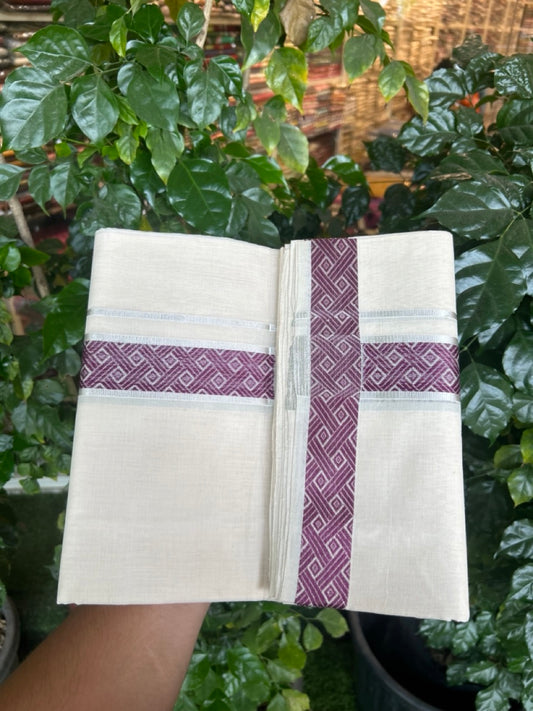 25% Discount ! Kaitharikada Handloom Unakkupaav Balaramapuram - 100% PURE Cotton OFF WHITE - (Unbleached) Double Mundu/Dhoti - 100x80 - 1.75 inch Silver Kasav & Purple Jacquard Design Kara 4 mtr (8.5 Muzham) - 1 KK5301 ABH