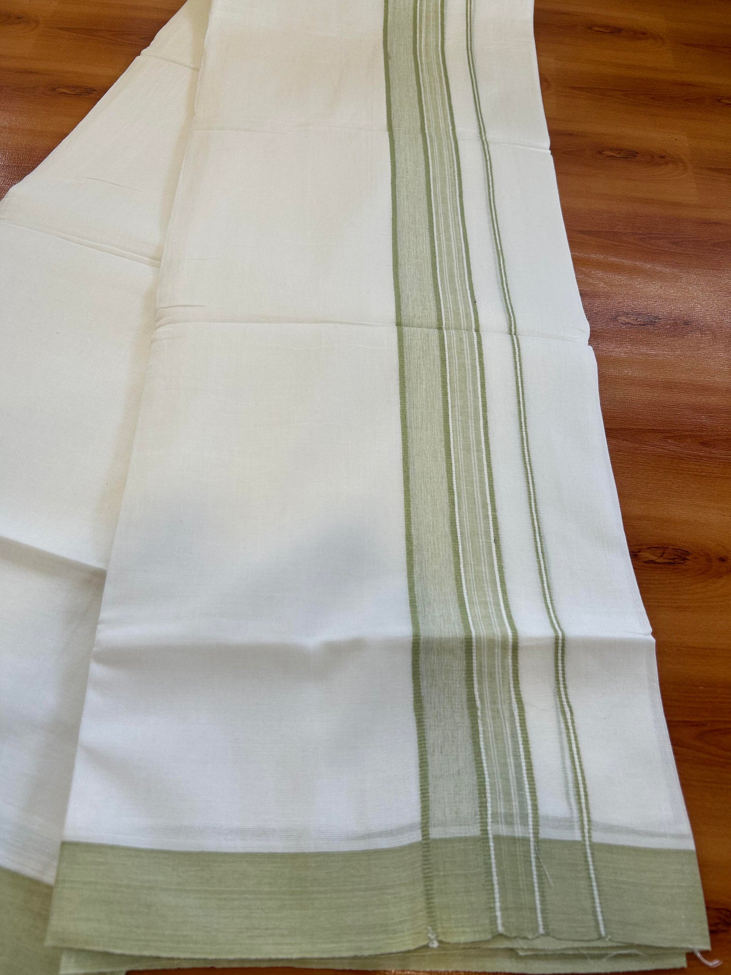 Double Pure White Mundu/Dhoti -20% Discount ! KaithariKada Balaramapuram 100% Cotton - 60s - 1.75 Inch Greenish Beige Shaded Striped Kara - 3.80mtr ( 8 muzham) - 43 KK5398 PMC