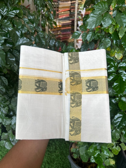 25% Discount ! Kaitharikada Handloom Unakkupaav Balaramapuram - 100% PURE Cotton OFF WHITE - (Unbleached) Double Mundu/Dhoti - 100x80 - 2 inch Gold Kasav & Sage Green Elephant Jacquard Design Kara 4 mtr (8.5 Muzham) - 10 KK5301 ABH
