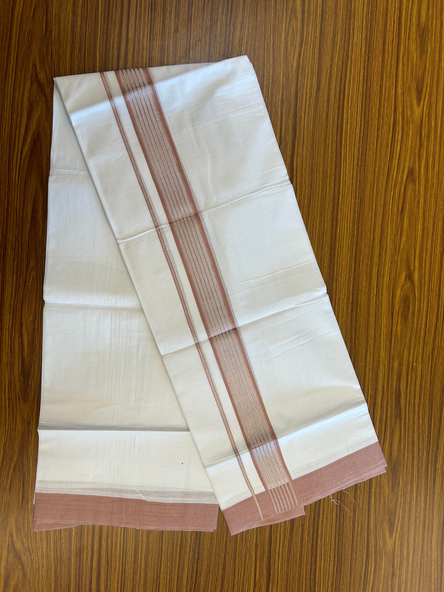 20% Discount ! KaithariKada Balaramapuram 100% Cotton Double Pure White Mundu/Dhoti - 100X80 - 1.25 inch Silver Kasav & Pastel Peach Shaded Stripes kara 4.00 mtr (8.5 muzham) - 45 KK5361 PMC