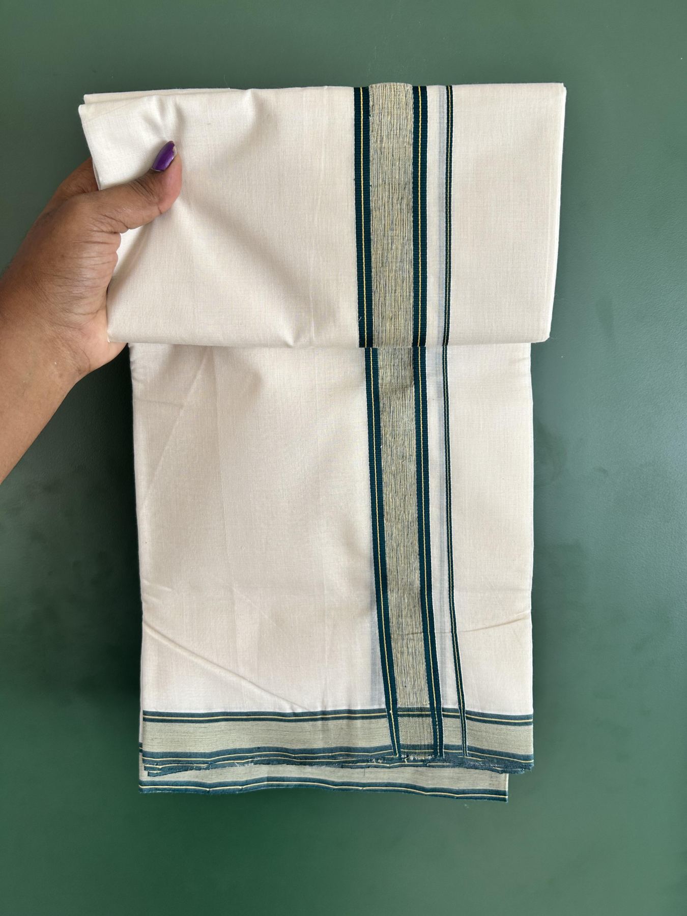Double Off White (Unbleached) Mundu/Dhoti - 25% Discount!! KaithariKada Handloom Unakkupaav - Kerala Handloom - 100% Pure Cotton - 100x80 - 1.25 inch Dark Green & Yellow Shaded Striped Kara 3.80 meter (8 muzham) - 50 KK5436 REA