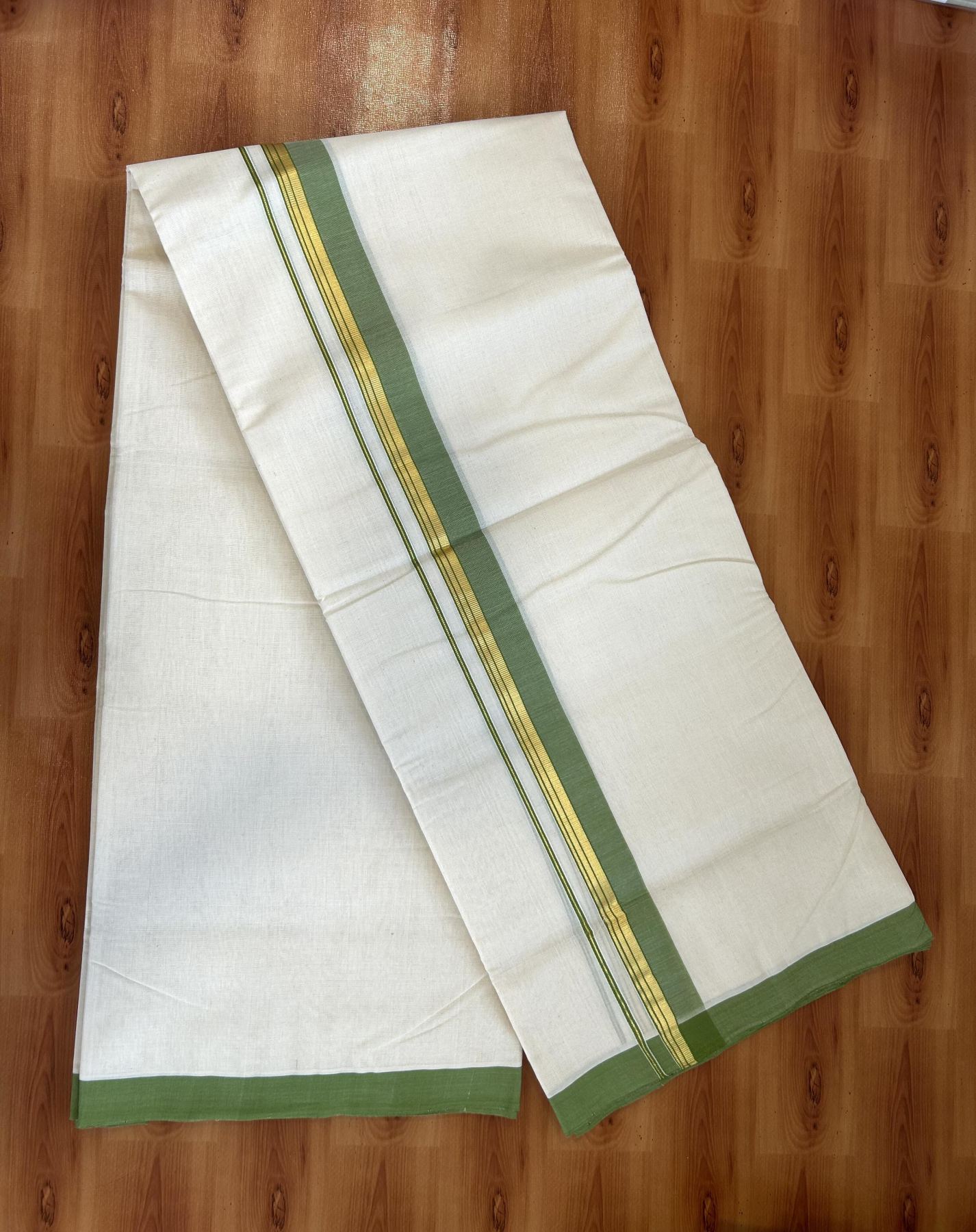 Double Off White (Unbleached) Mundu/Dhoti- 25% Discount! KaithariKada Handloom Millpaav - Kerala Handloom - Cotton - 80x90 - 1.25 inch Gold Kasav & Light Green Shaded Striped Kara 4.50 meter (10 Muzham) - 28 KK5396 RAM