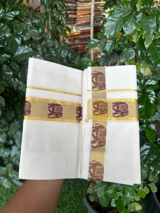 25% Discount ! Kaitharikada Handloom Unakkupaav Balaramapuram - 100% PURE Cotton OFF WHITE - (Unbleached) Double Mundu/Dhoti - 100x80 - 2 inch Gold Kasav & Brown Elephant Jacquard Design Kara 4 mtr (8.5 Muzham) - 9 KK5301 ABH