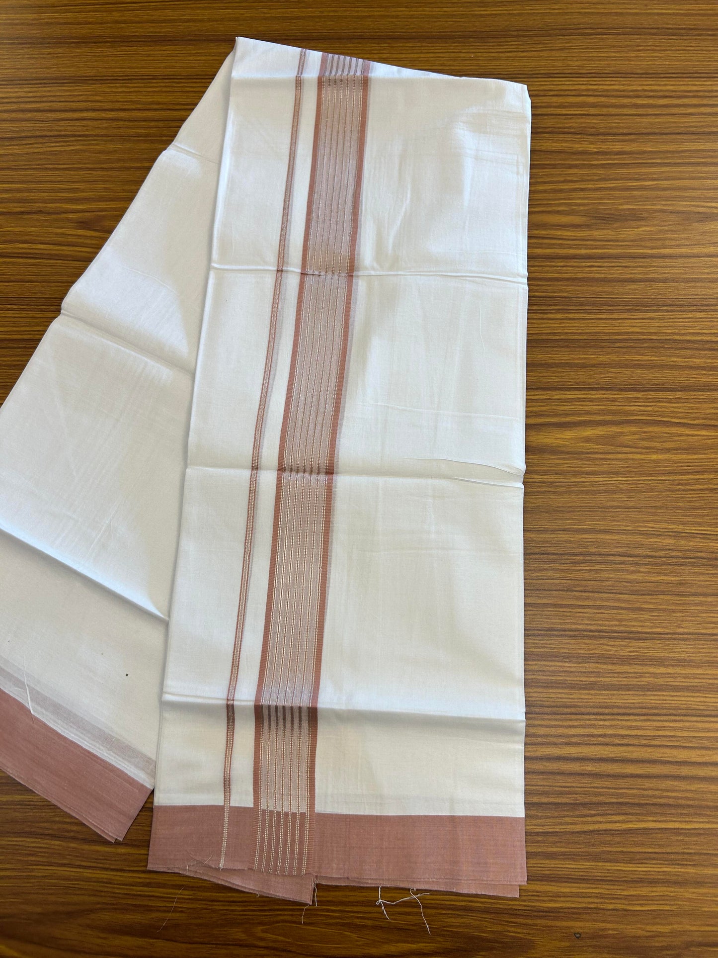 20% Discount ! KaithariKada Balaramapuram 100% Cotton Double Pure White Mundu/Dhoti - 100X80 - 1.25 inch Silver Kasav & Pastel Peach Shaded Stripes kara 4.00 mtr (8.5 muzham) - 45 KK5361 PMC