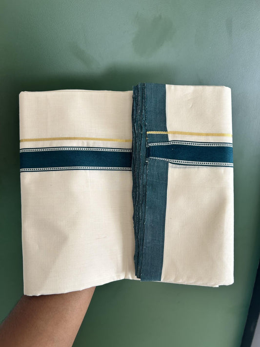 Double Off White (Unbleached) Mundu/Dhoti- 25% Discount! KaithariKada Handloom Unakkupaav - 100% Pure Cotton - 100x80 - 1 inch Dark Green Gold Kasav Pure Jerry Striped Designer Kara 3.80 meter (8 muzham) - 59 KK5436 REA